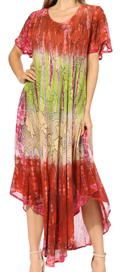 Woman wearing a colorful dress with a patterned design.