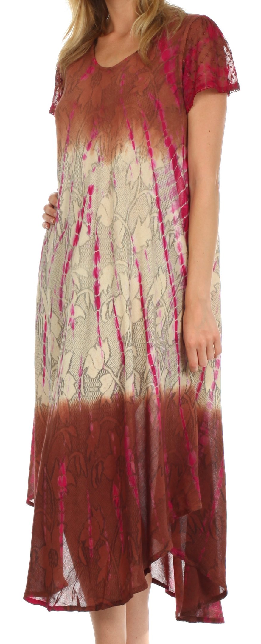 Long dress with a tie-dye pattern in red and pink on a white background