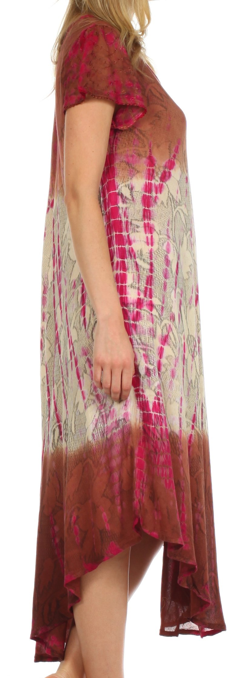 Woman wearing a tie-dye dress with red and pink patterns on a white background