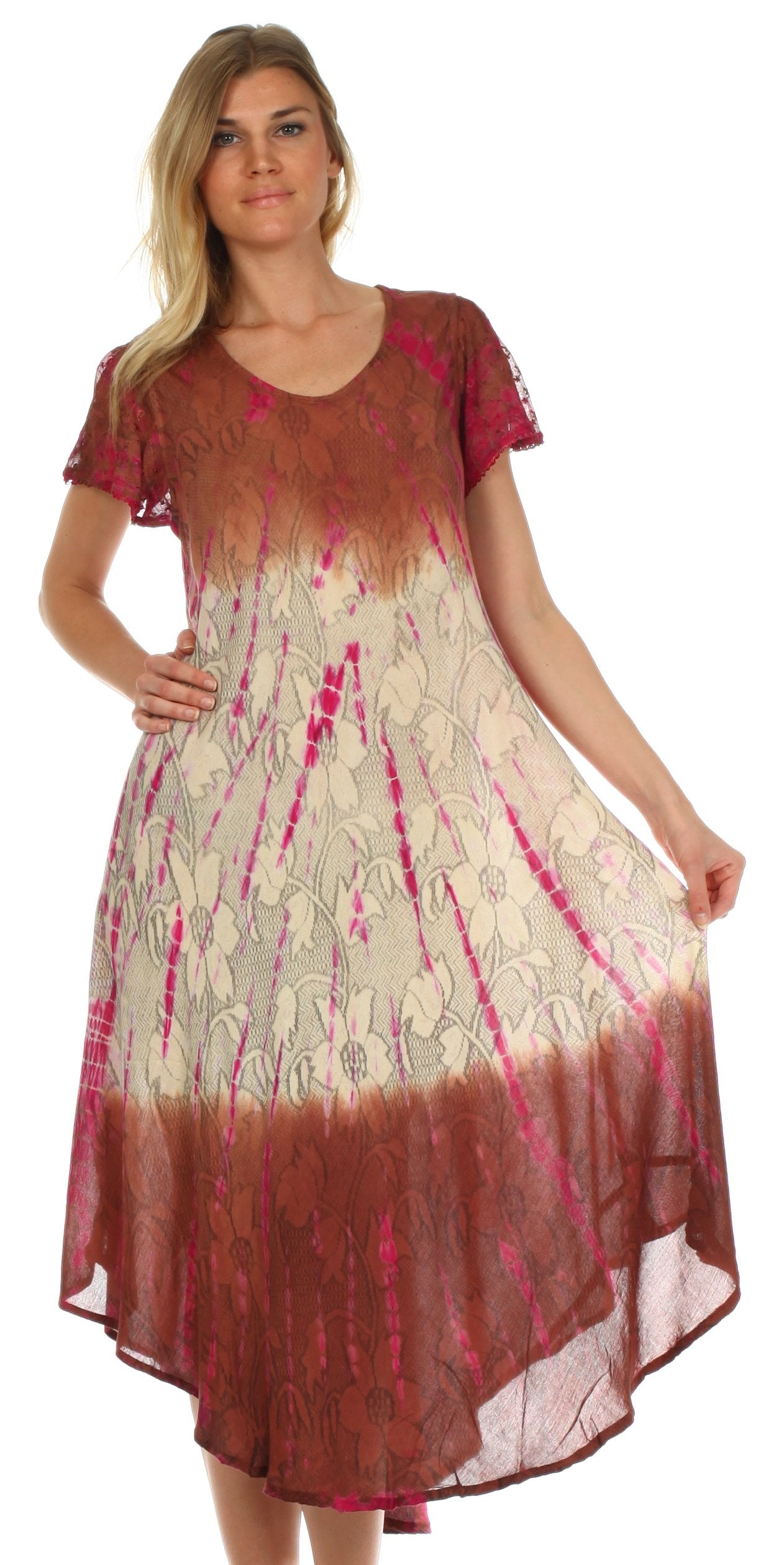 Woman wearing a patterned dress with maroon and white design on a white background