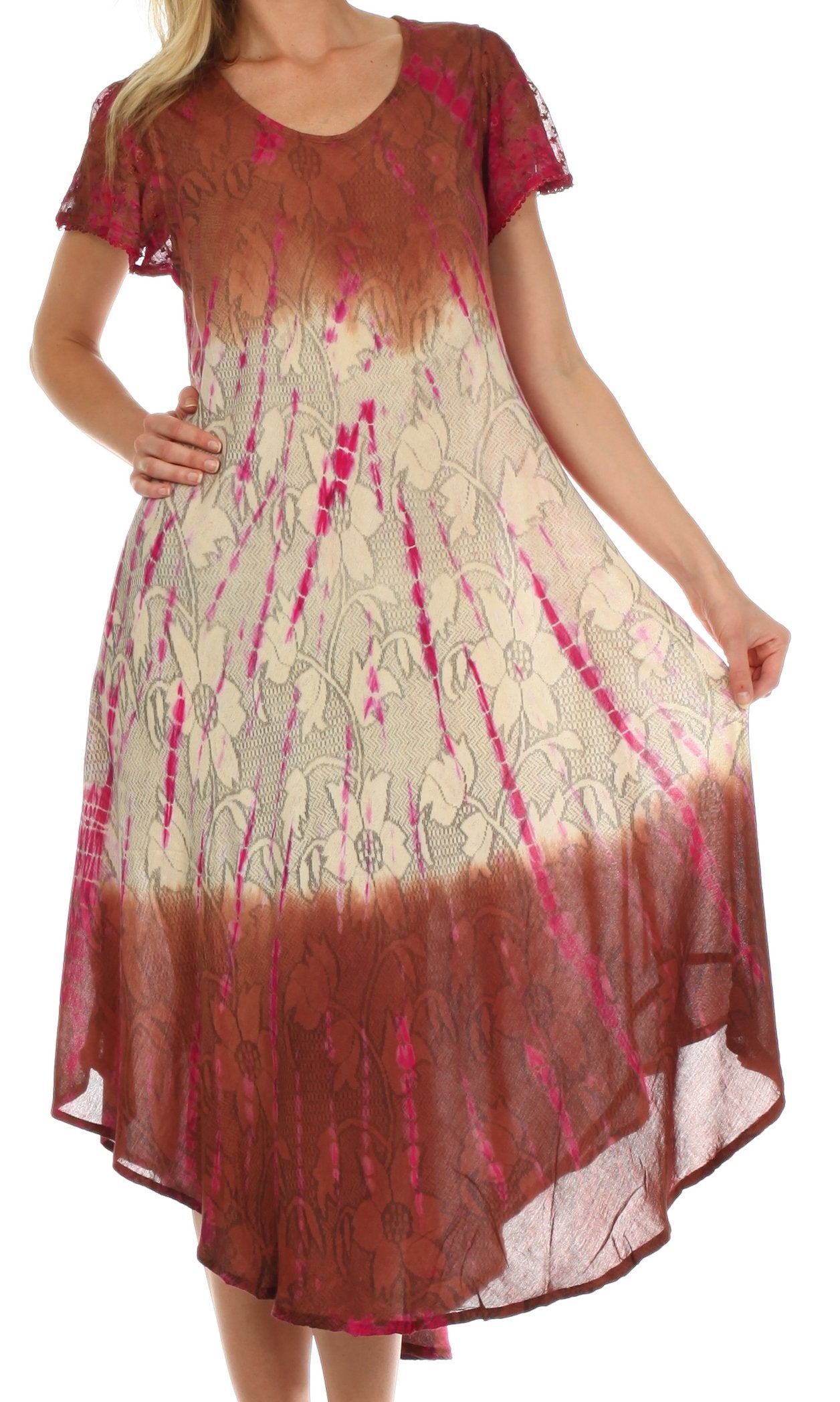 Woman wearing a dress with a floral pattern and maroon accents on a white background