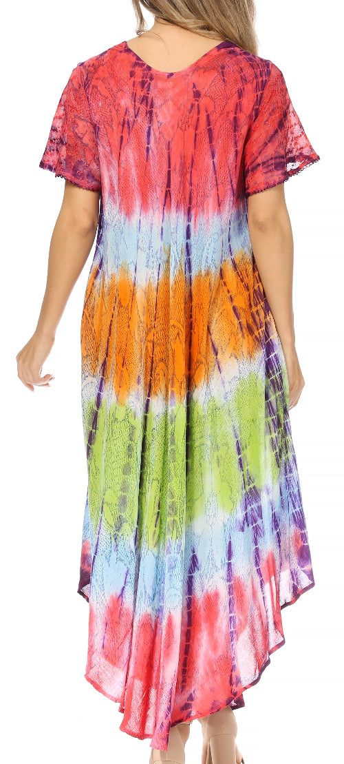 Multicolored tie-dye dress worn by a person on a white background