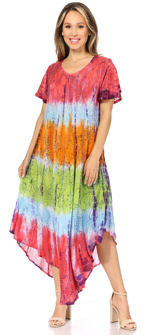 Woman wearing a colorful tie-dye dress on a white background