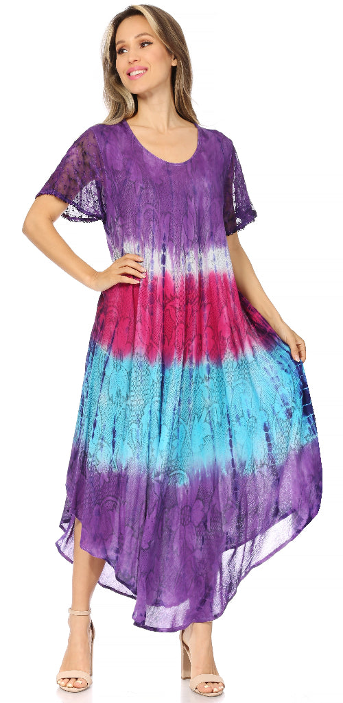 Woman wearing a colorful tie-dye dress on a white background