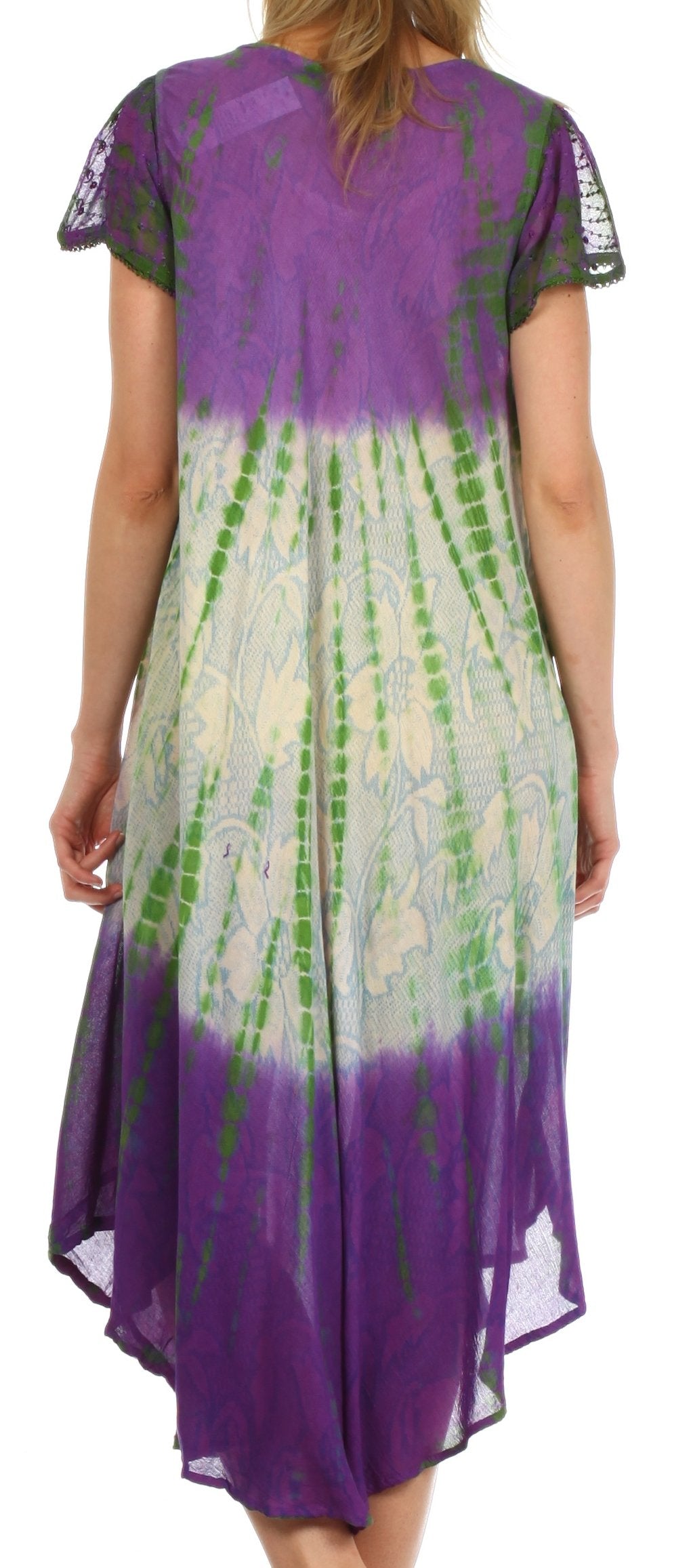 Purple and green tie-dye dress with a visible brand label on a white background