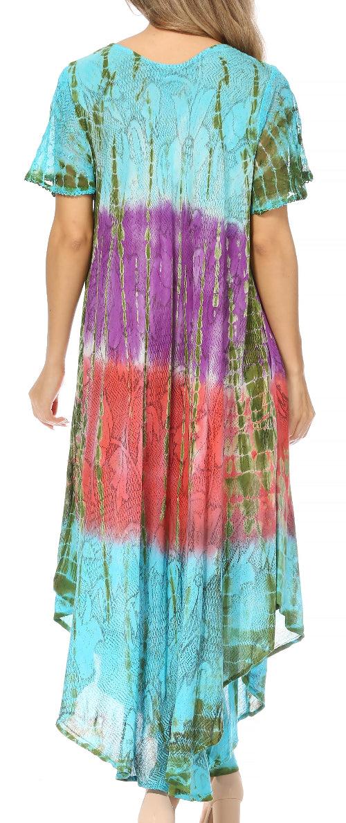 Colorful tie-dye dress with a high-low hemline on a white background
