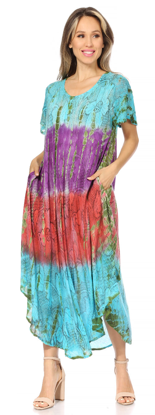 Woman wearing a colorful tie-dye dress on a white background