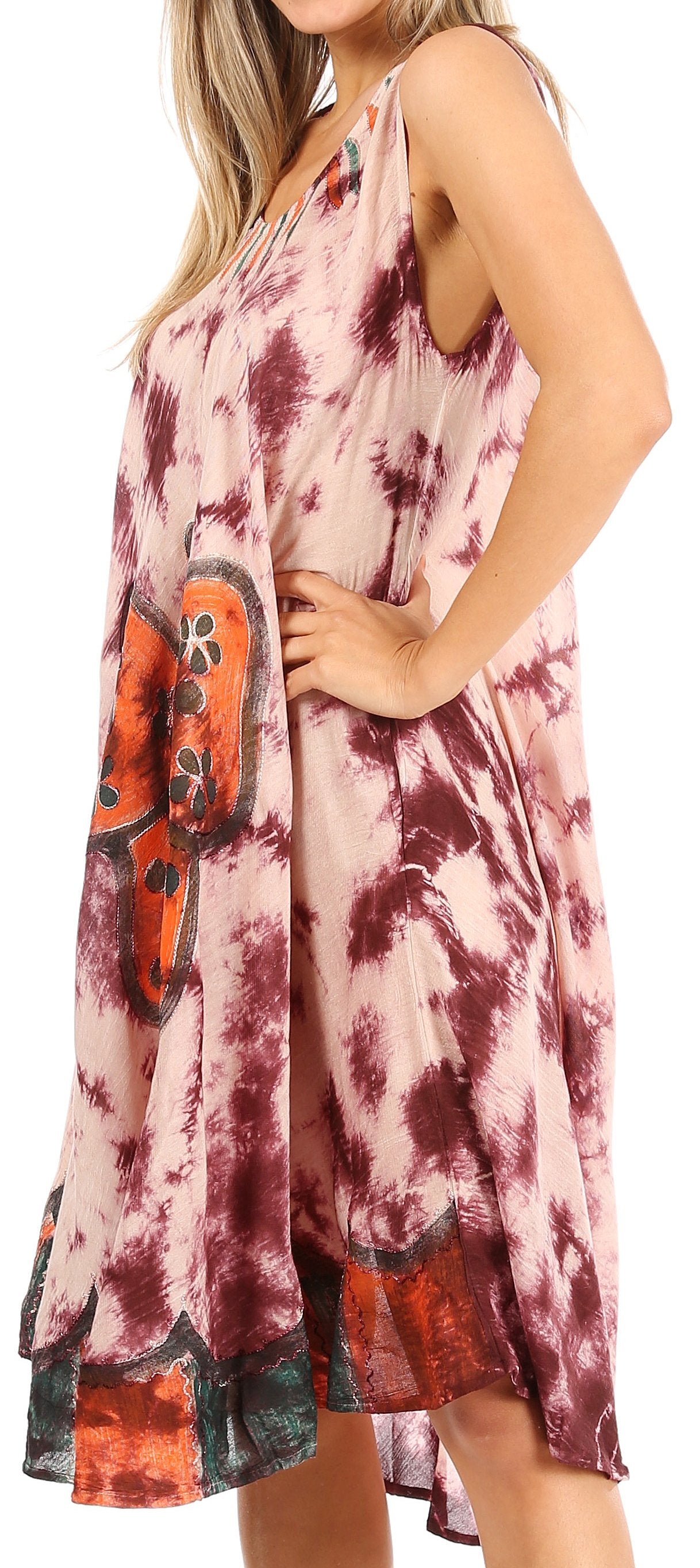 Tie-dye dress with butterfly design on a model