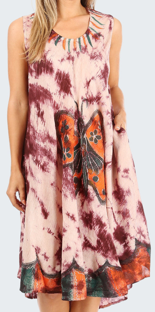 Tie-dye dress with butterfly design on a white background