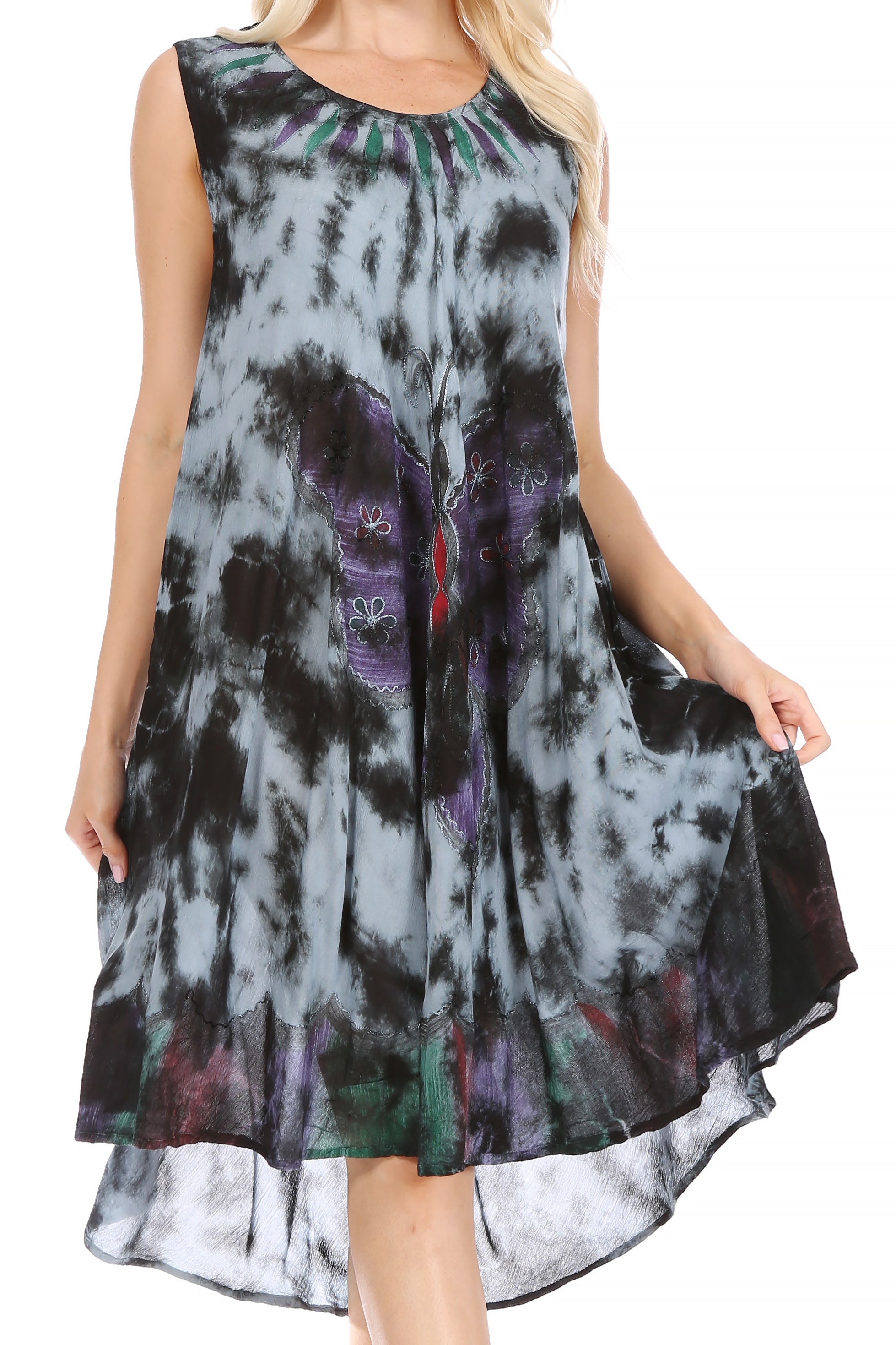 Tie-dye dress with butterfly design on a white background