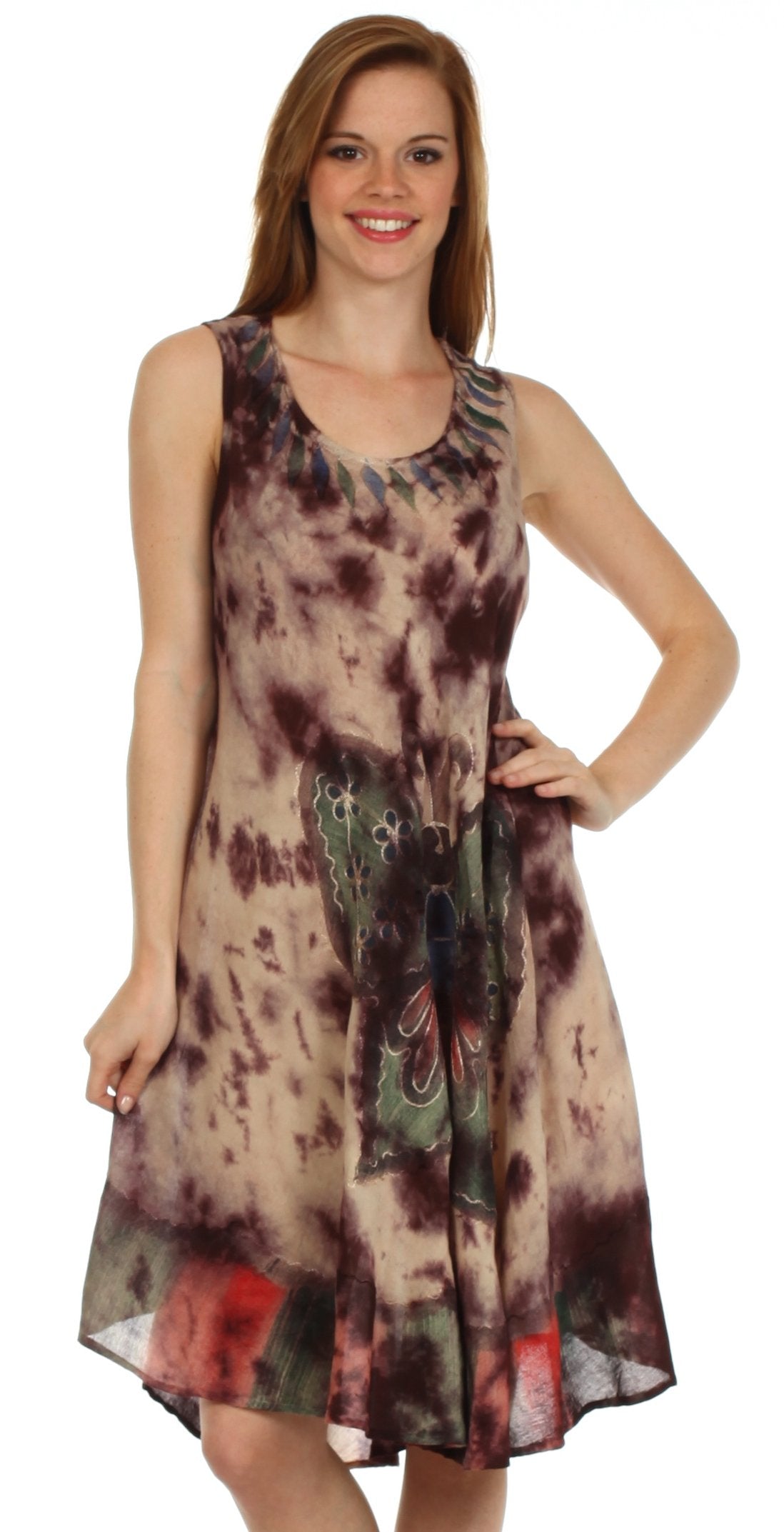 Woman wearing a tie-dye dress with a white background