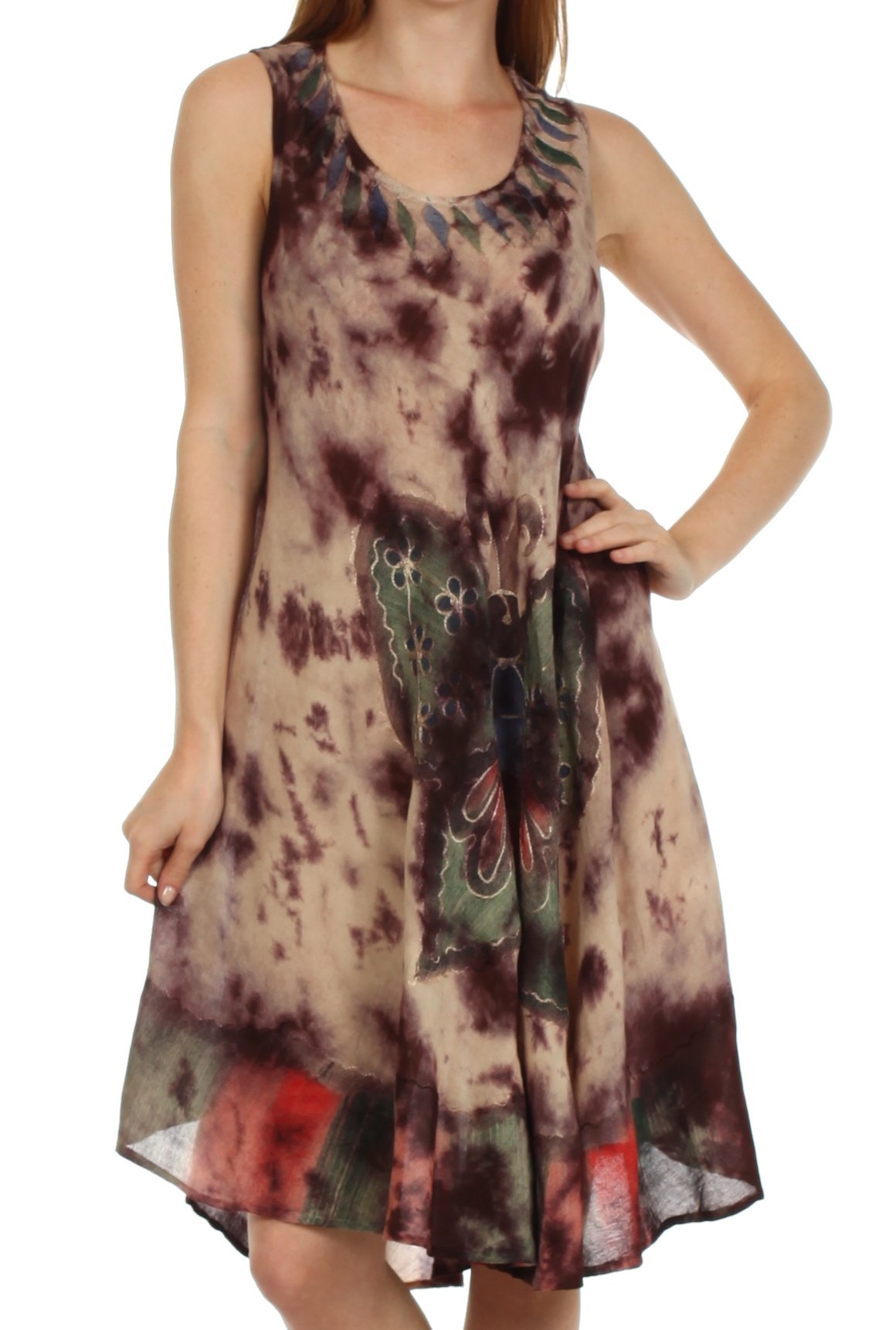 Woman wearing a sleeveless dress with abstract pattern on a white background
