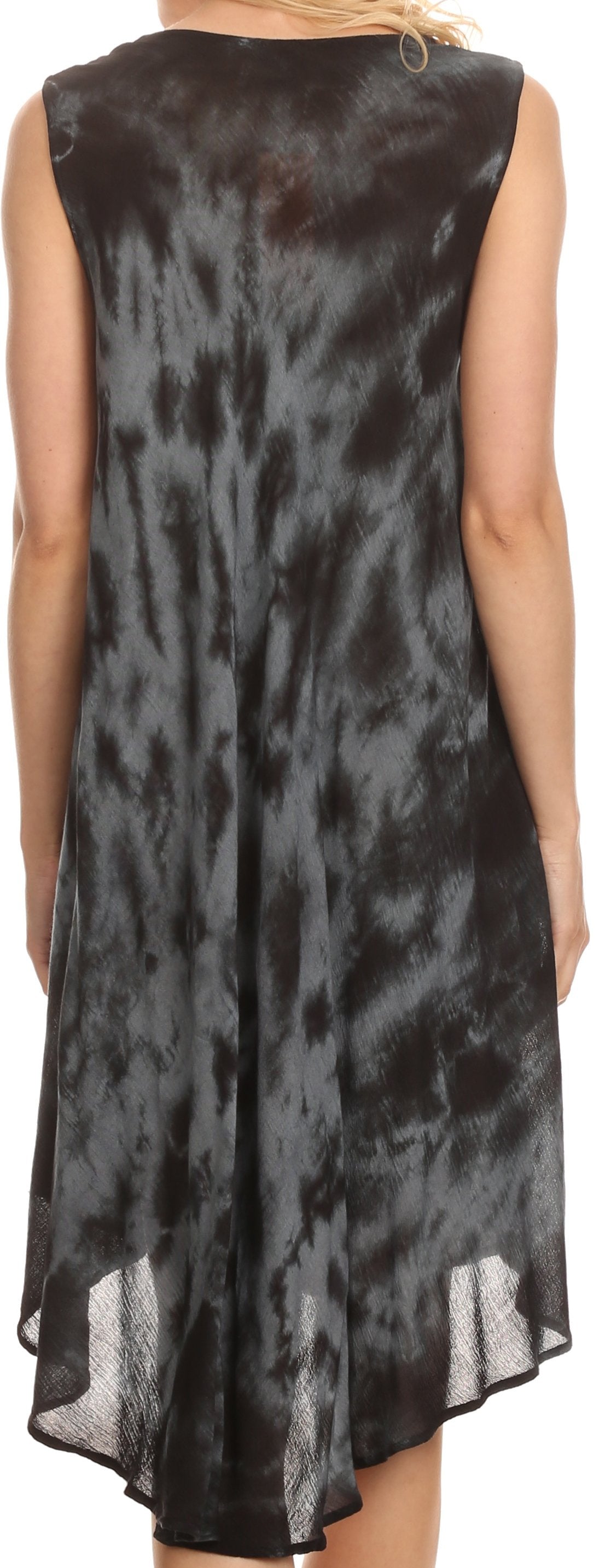 Black and white tie-dye sleeveless dress on a model