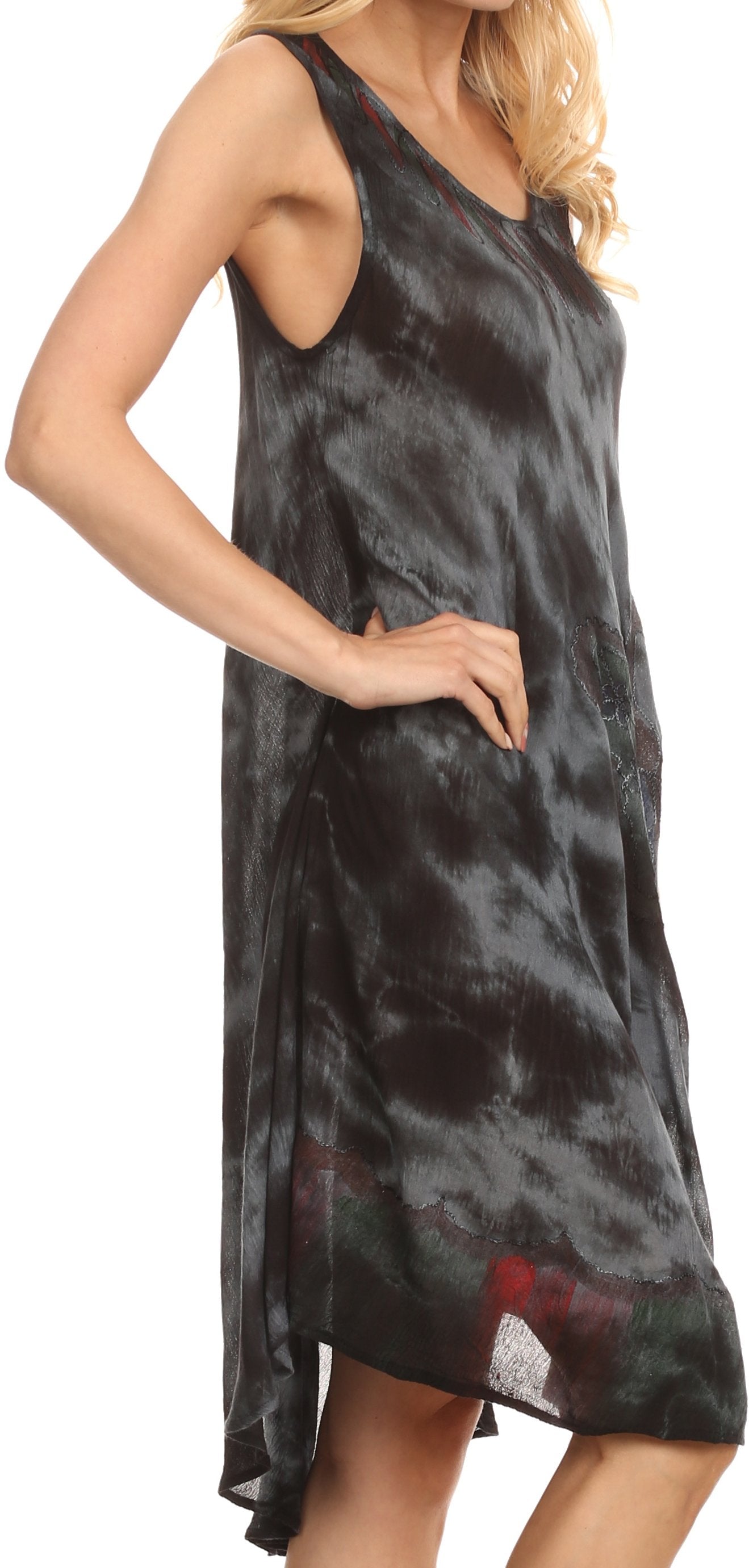 Black tie-dye sleeveless dress worn by a model on a white background