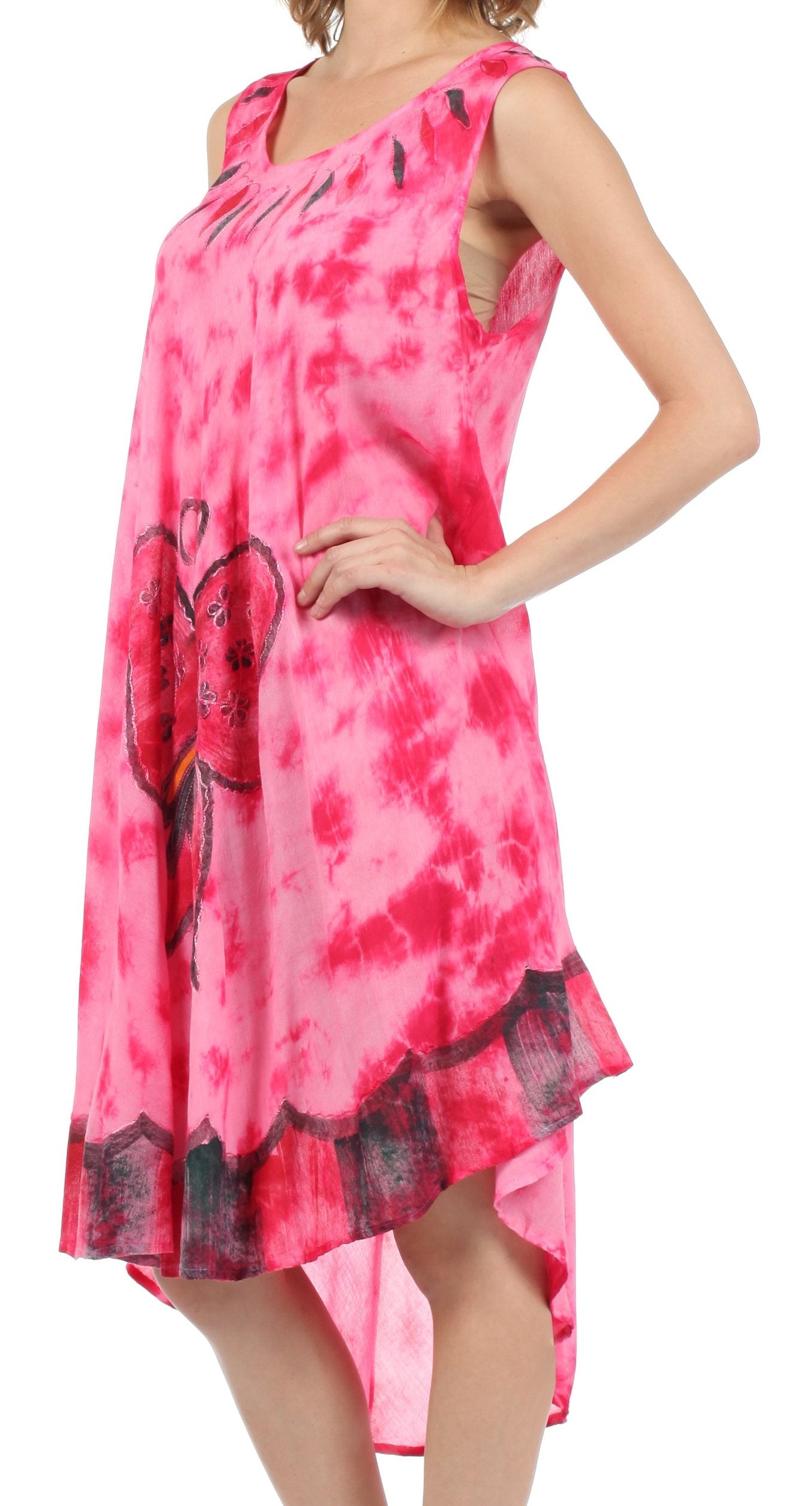Pink tie-dye dress with black accents on a white background