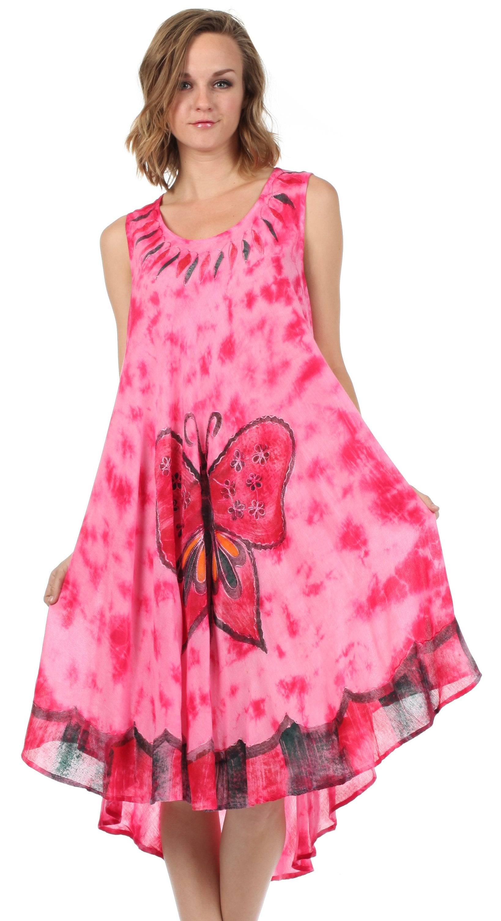 Woman wearing a pink tie-dye dress with a butterfly design on a white background