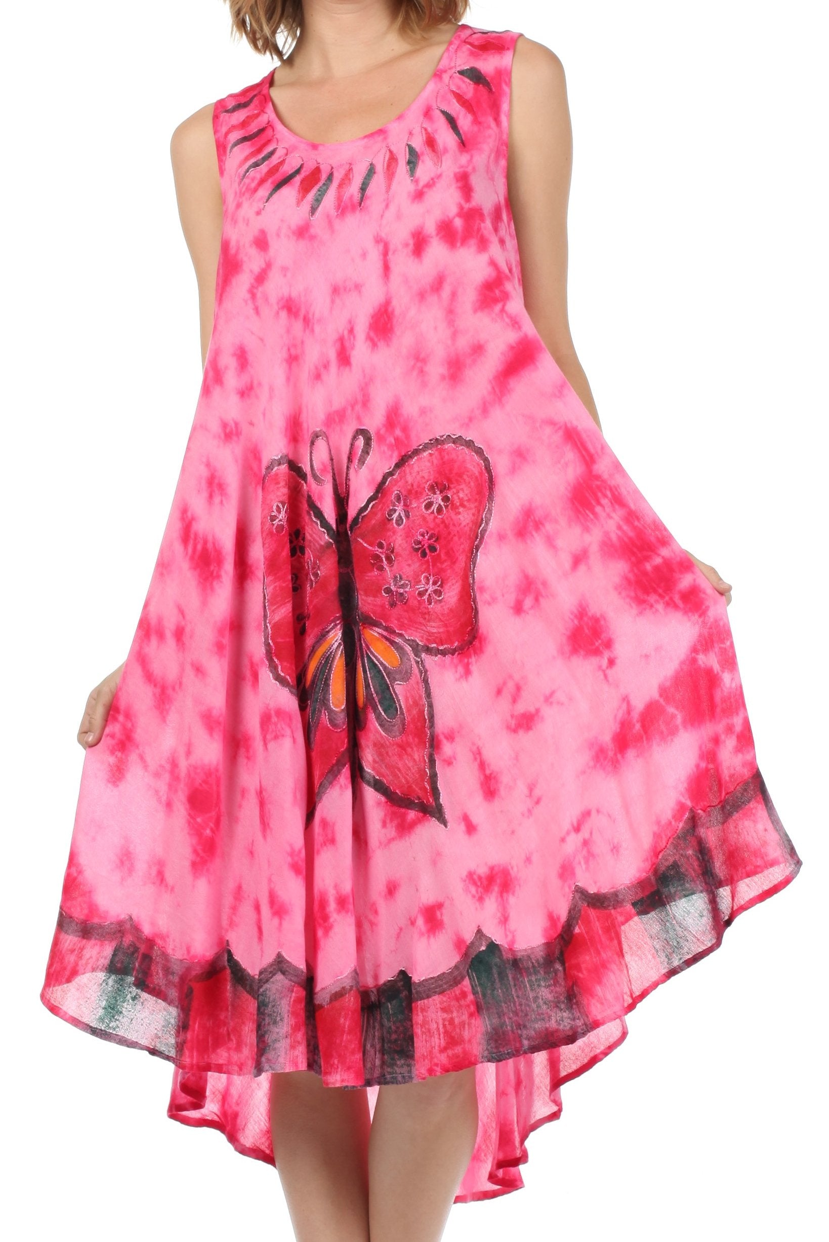Pink tie-dye dress with a butterfly design on a white background