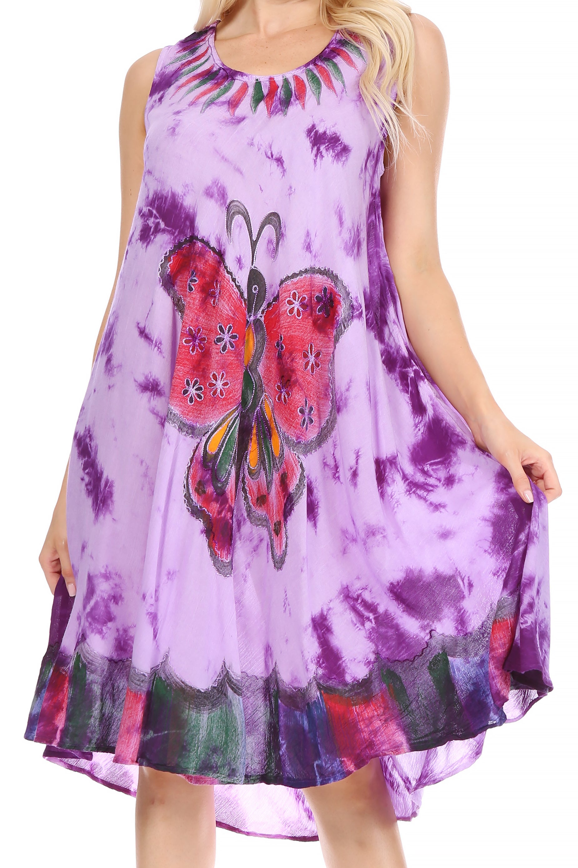Purple tie-dye dress with a butterfly design worn by a model