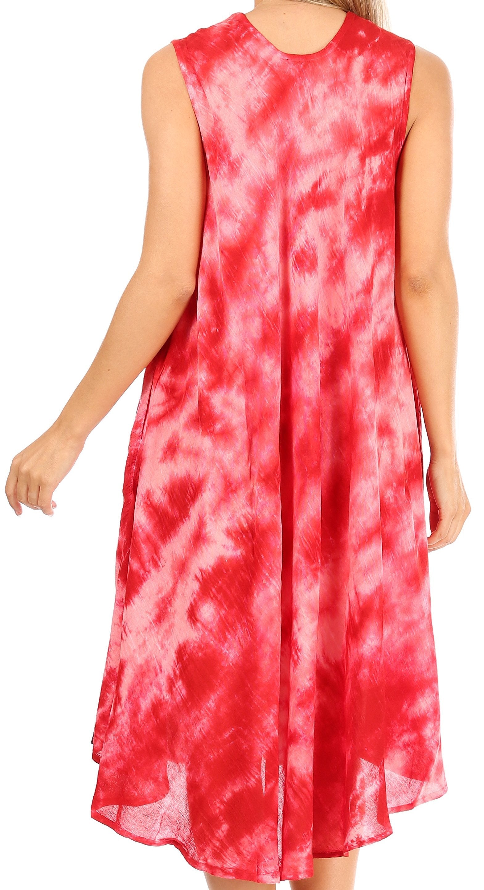 Red and white tie-dye dress worn by a person on a white background