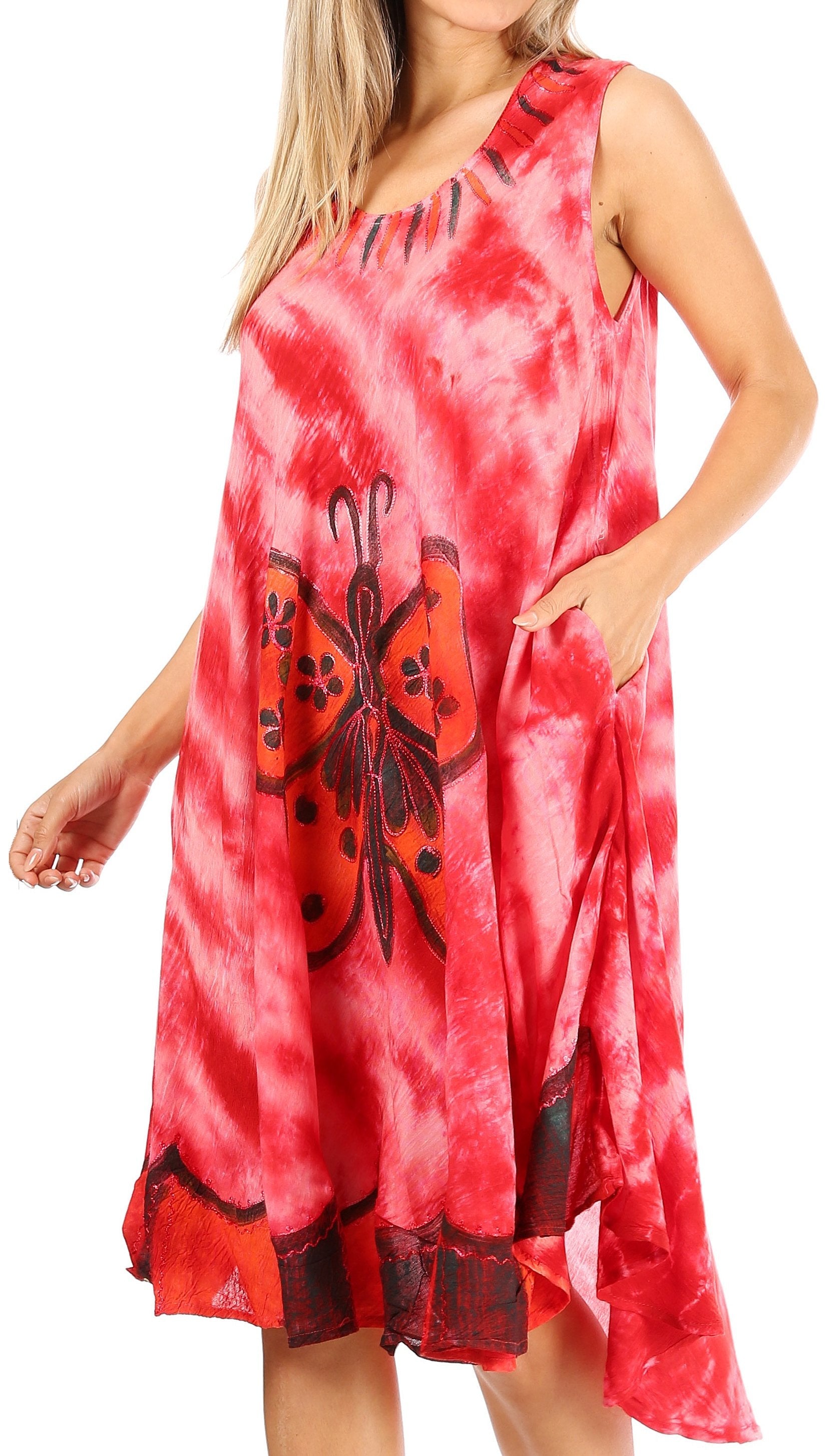 Red tie-dye dress with black floral design on a white background