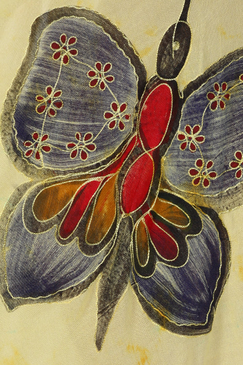 Colorful butterfly illustration with floral details on a beige background