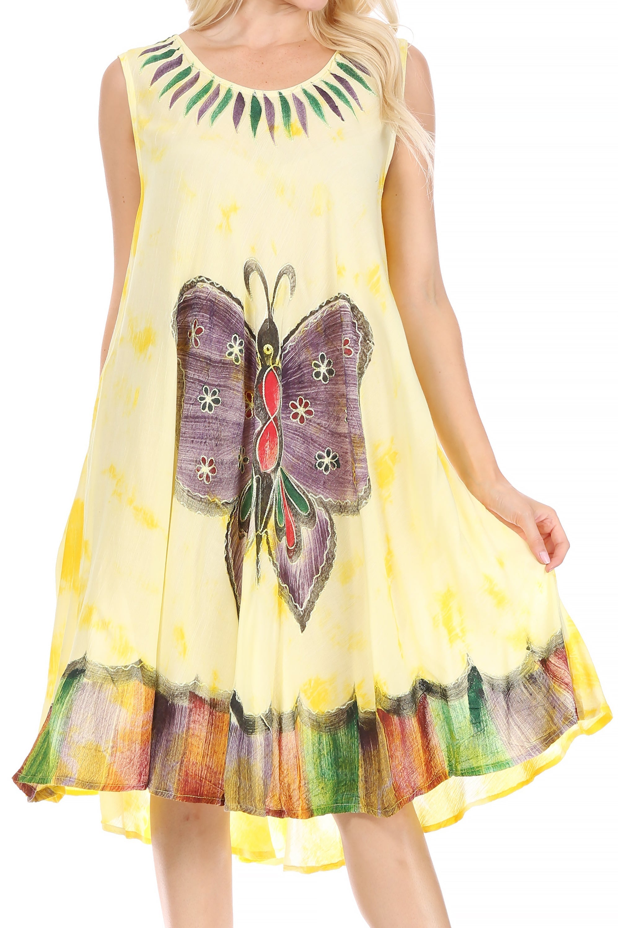 Yellow dress with a butterfly design on a white background
