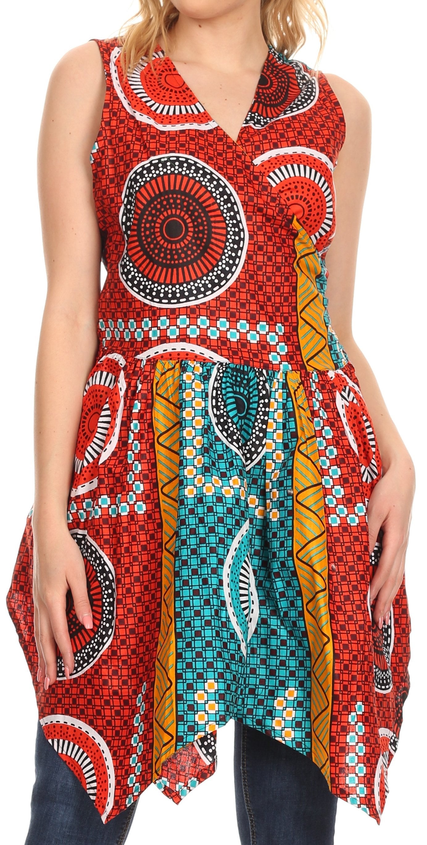 Sakkas - Vale Womens African Ankara Sleeveless Short Cocktail Wrap Dress with Pocket