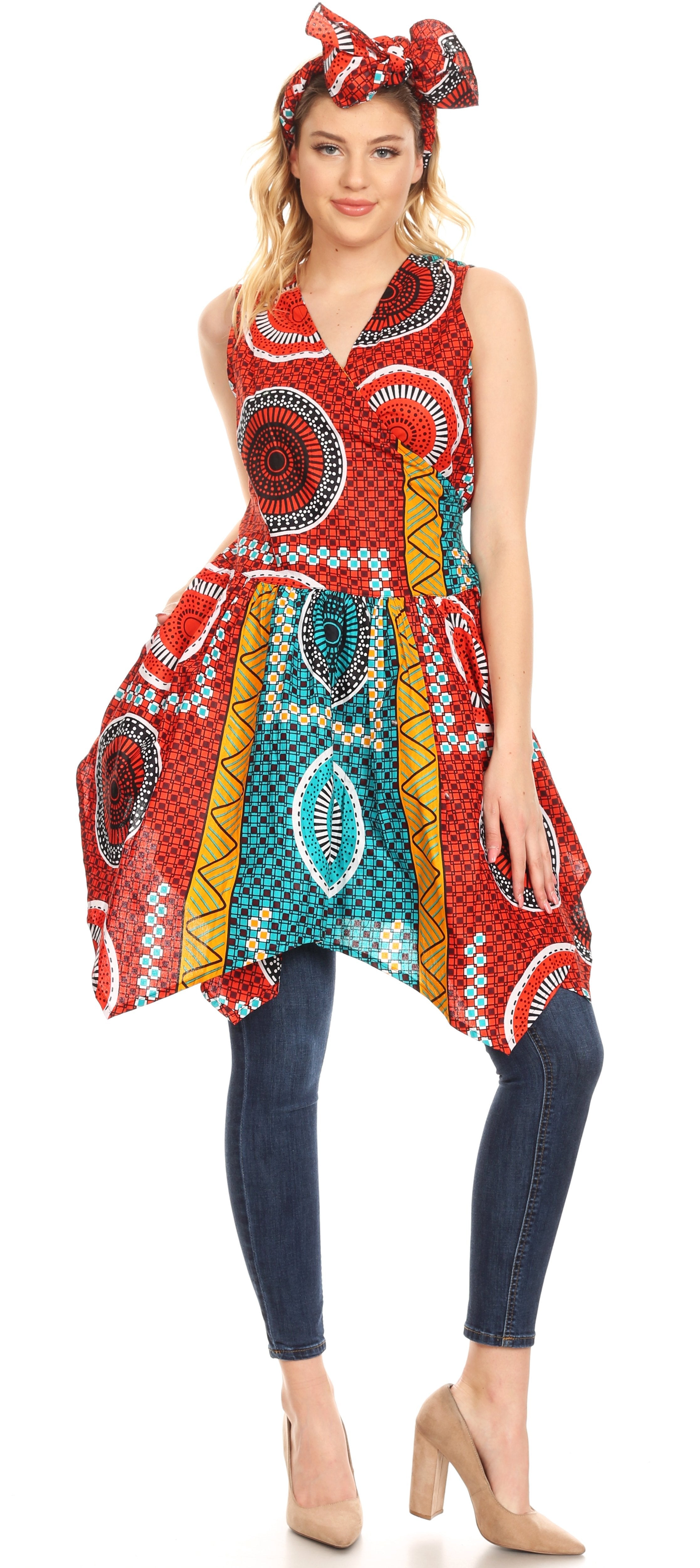 Sakkas - Vale Womens African Ankara Sleeveless Short Cocktail Wrap Dress with Pocket