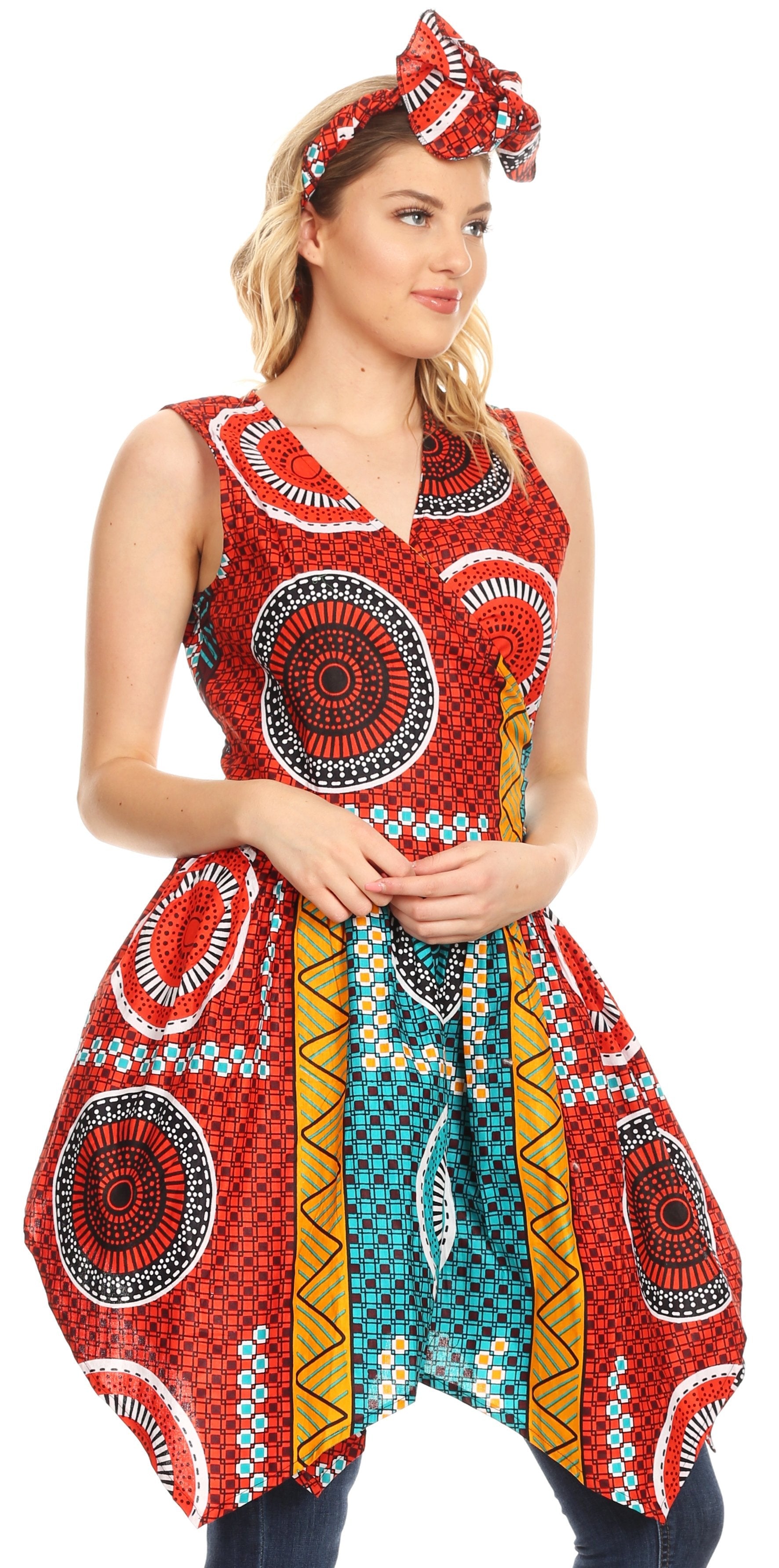 Sakkas - Vale Womens African Ankara Sleeveless Short Cocktail Wrap Dress with Pocket