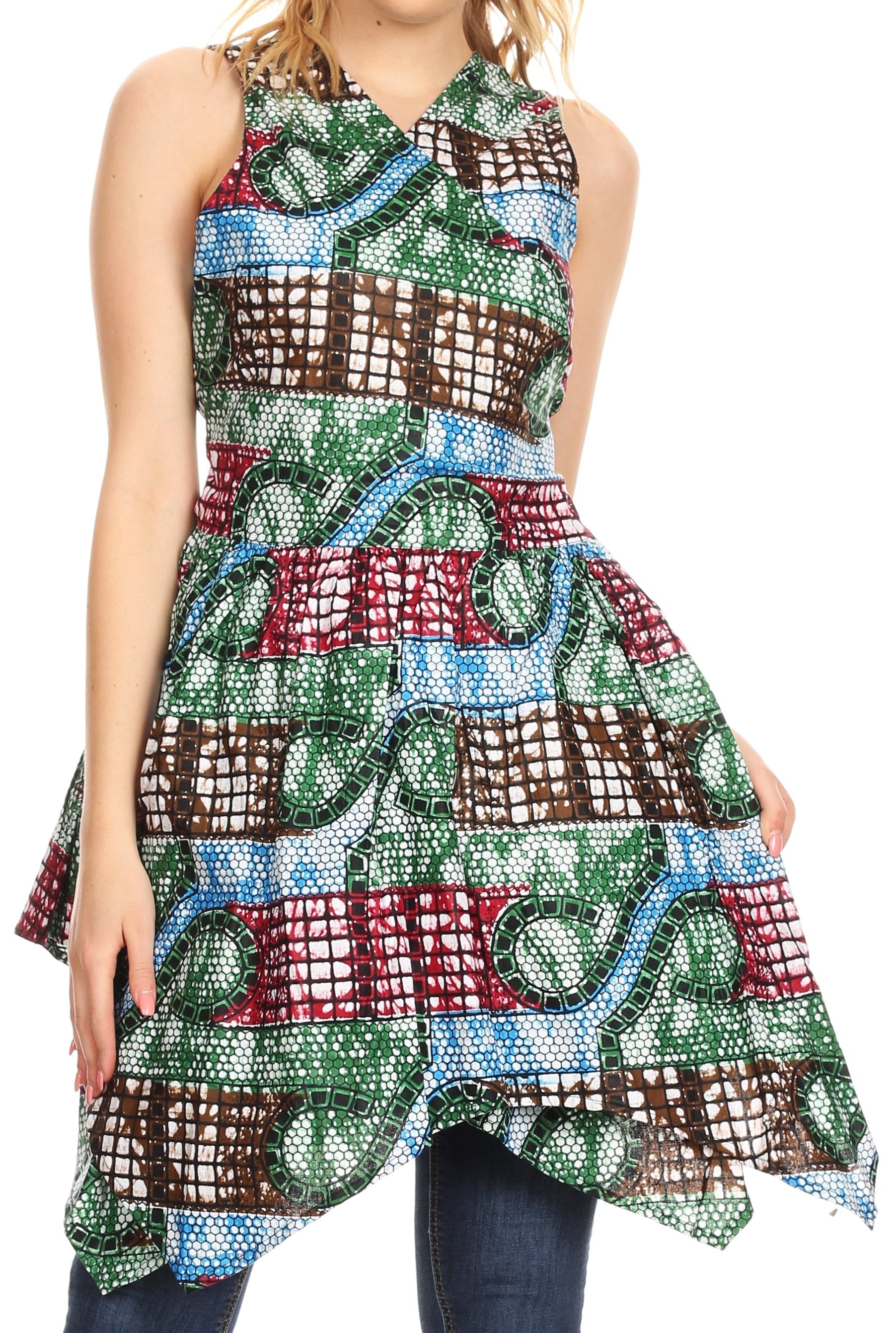 Colorful patterned sleeveless top worn by a person on a white background