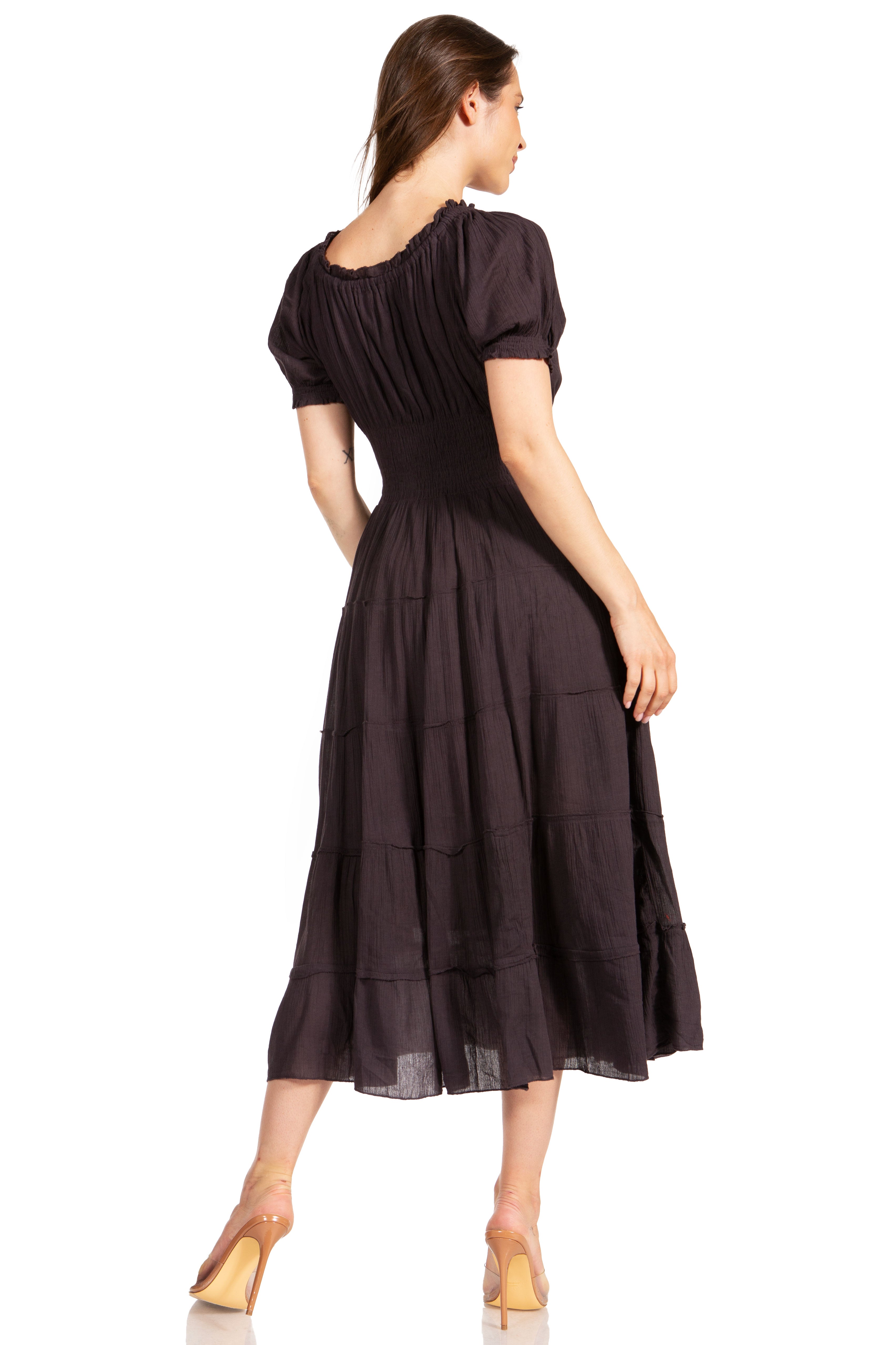 Sakkas - Cotton Crepe Smocked Peasant Gypsy Boho Renaissance Mid Length Dress