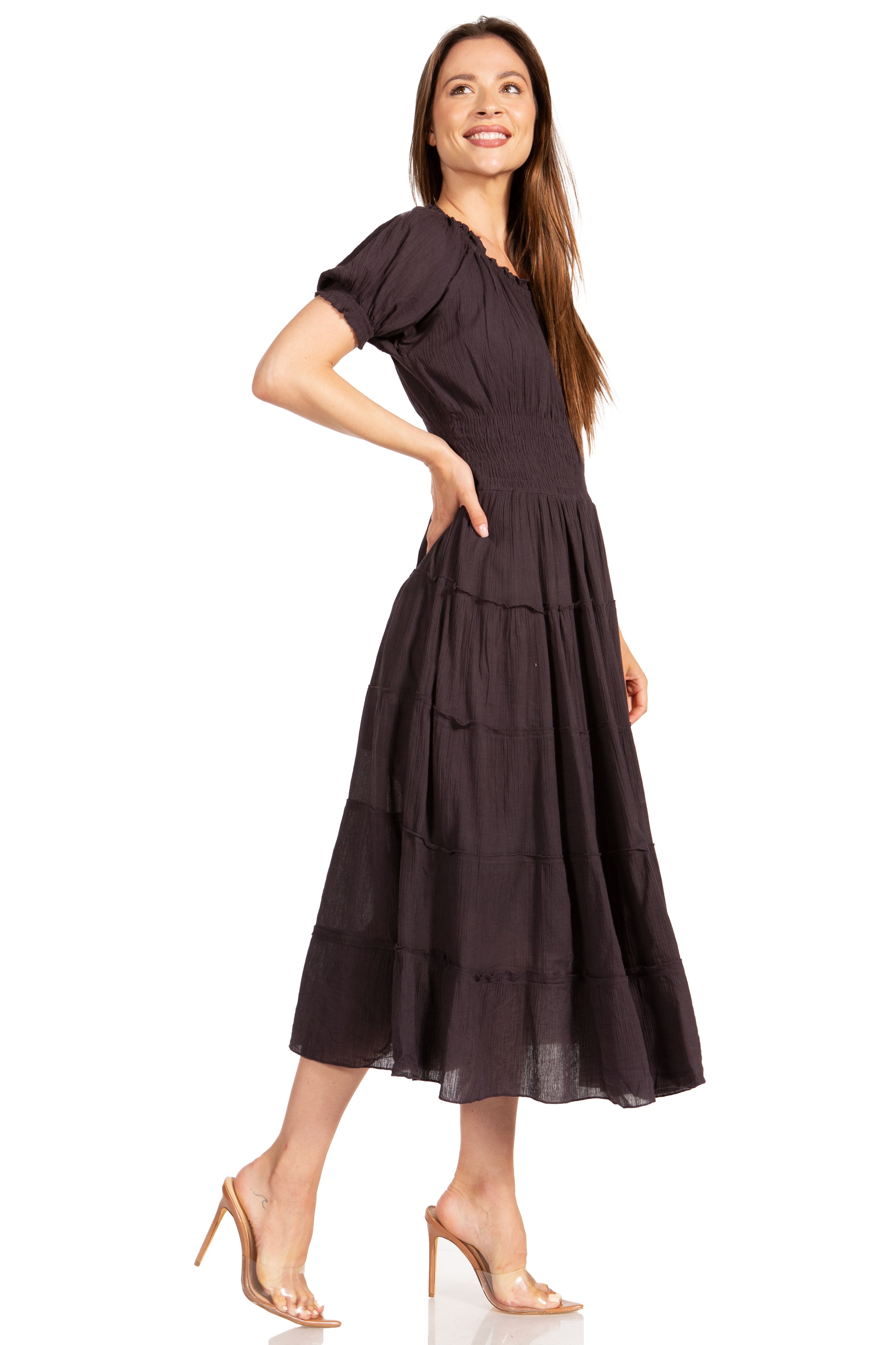 Sakkas - Cotton Crepe Smocked Peasant Gypsy Boho Renaissance Mid Length Dress