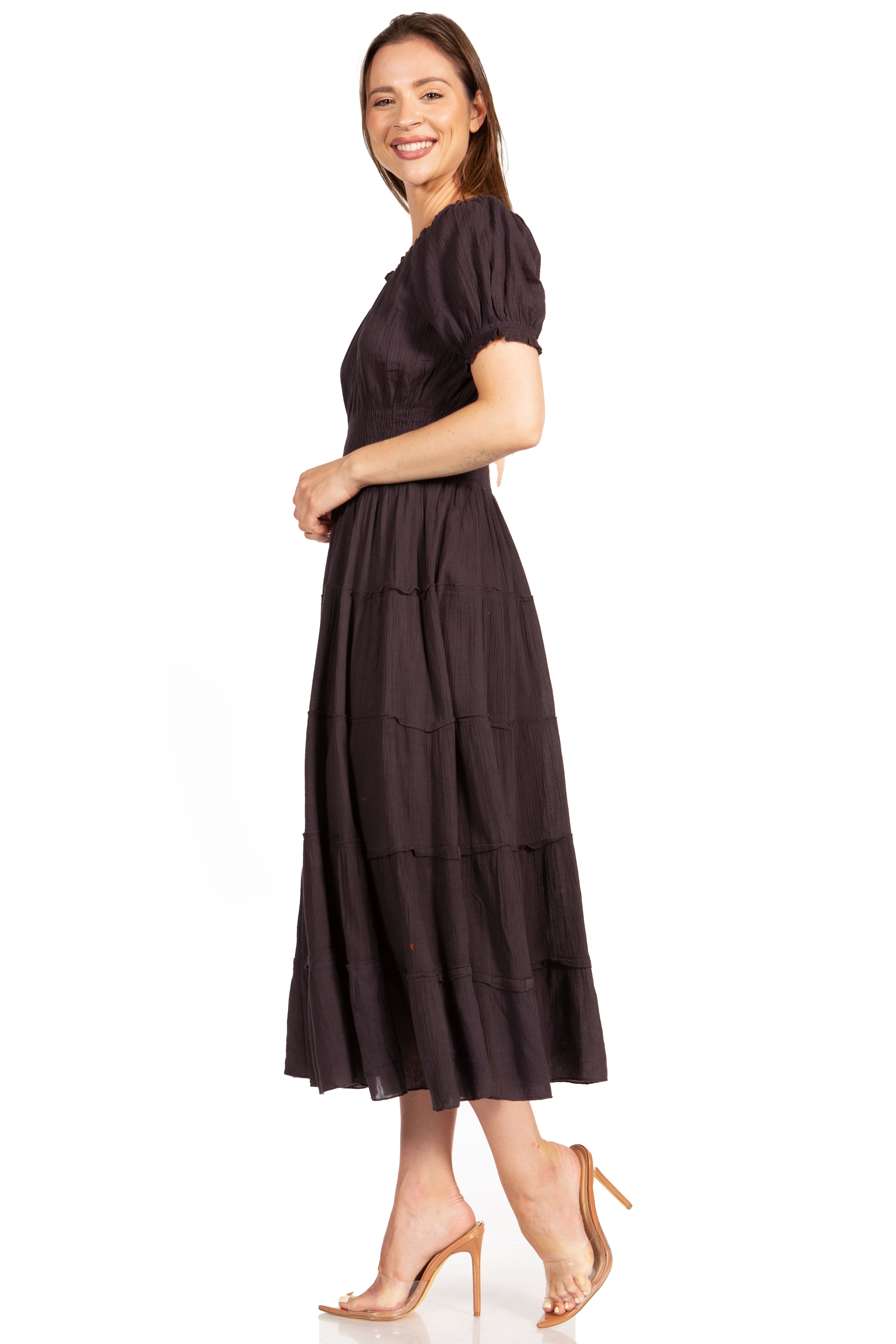 Sakkas - Cotton Crepe Smocked Peasant Gypsy Boho Renaissance Mid Length Dress