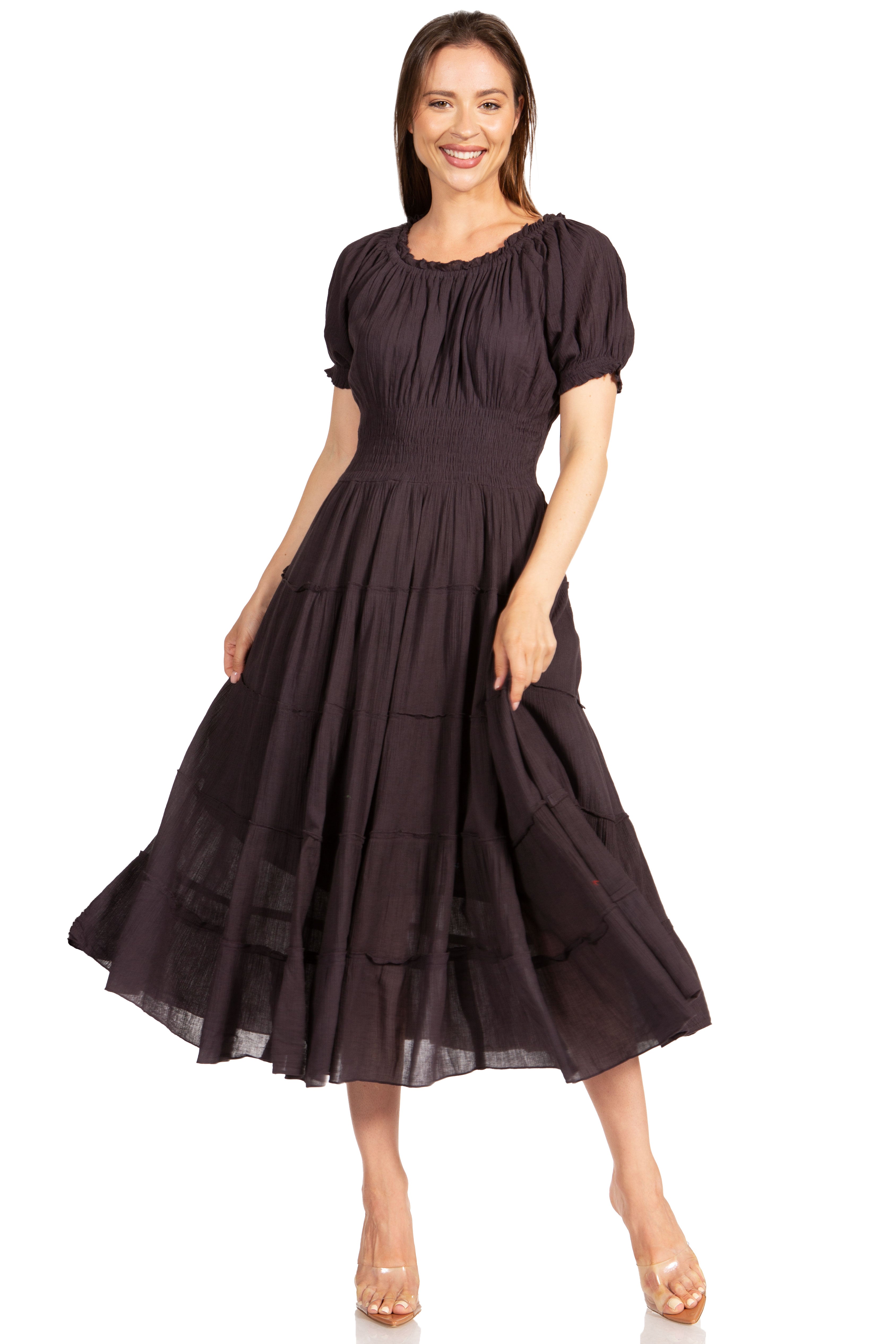 Sakkas - Cotton Crepe Smocked Peasant Gypsy Boho Renaissance Mid Length Dress