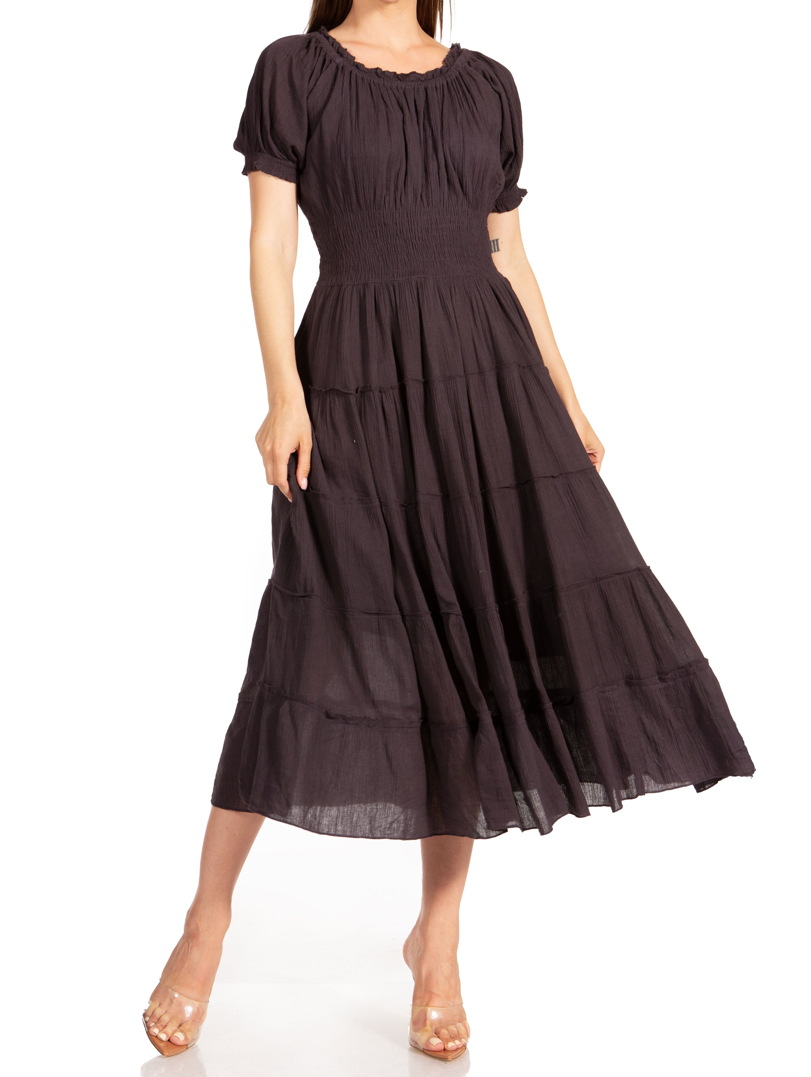 Sakkas - Cotton Crepe Smocked Peasant Gypsy Boho Renaissance Mid Length Dress