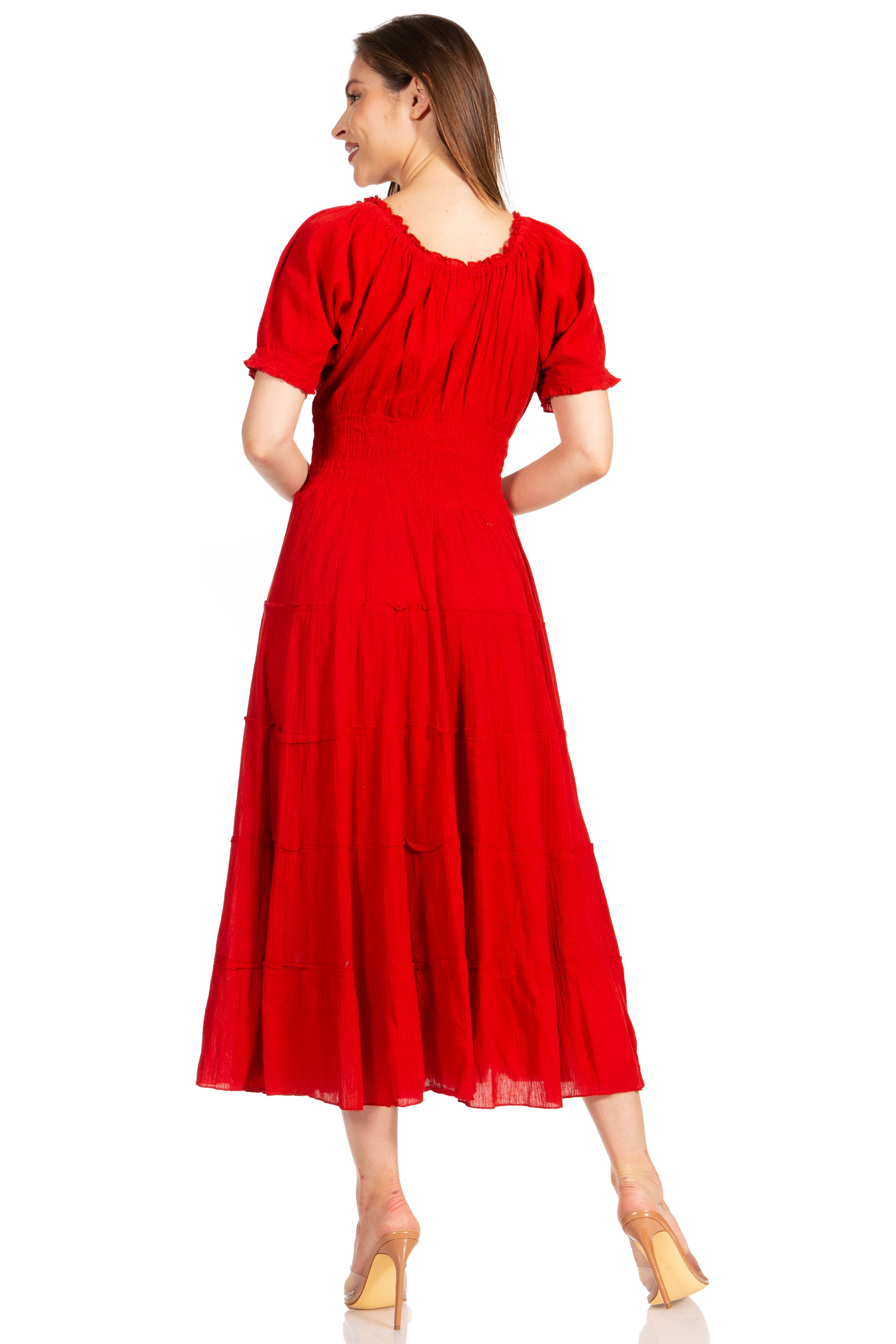 Sakkas - Cotton Crepe Smocked Peasant Gypsy Boho Renaissance Mid Length Dress