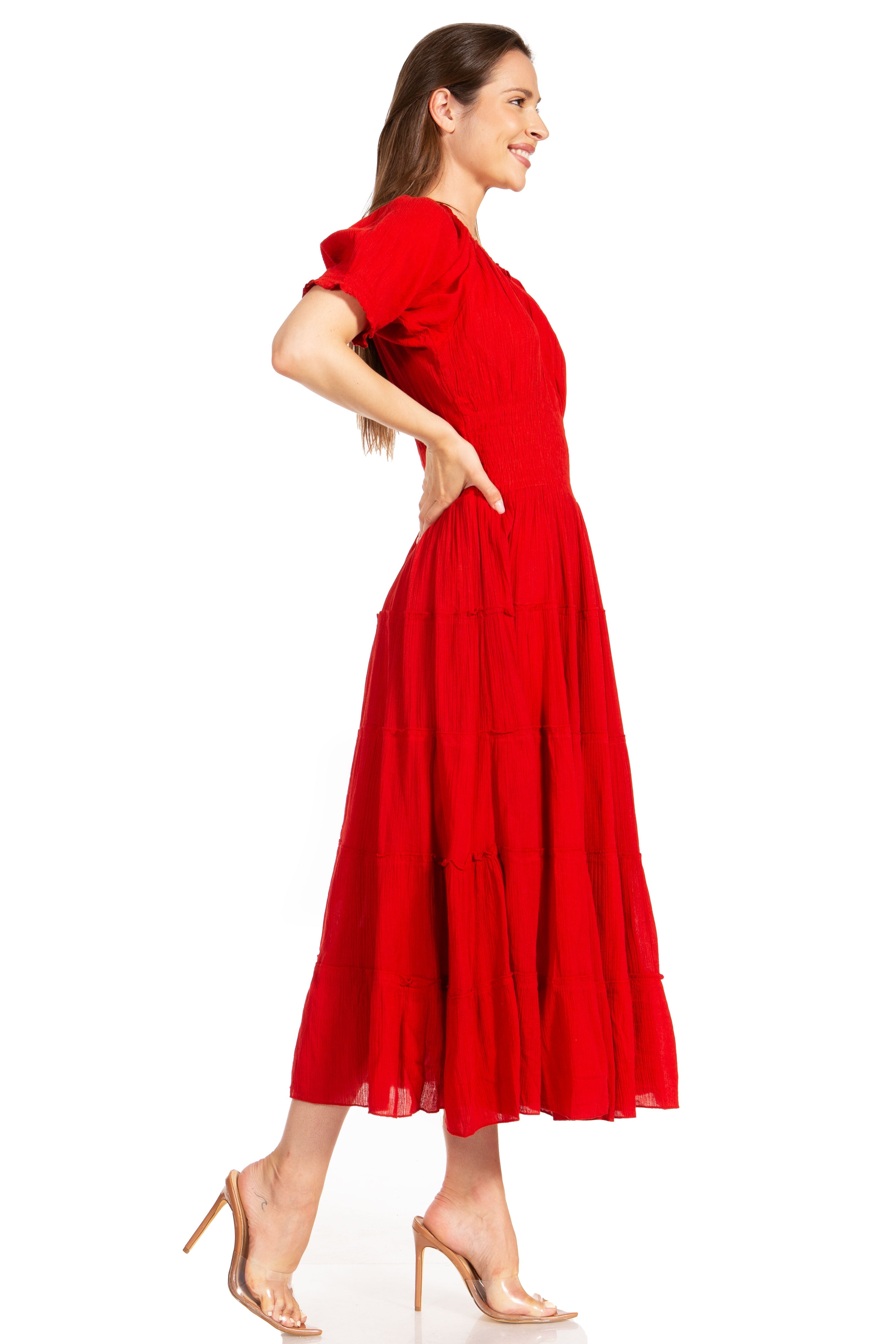 Sakkas - Cotton Crepe Smocked Peasant Gypsy Boho Renaissance Mid Length Dress