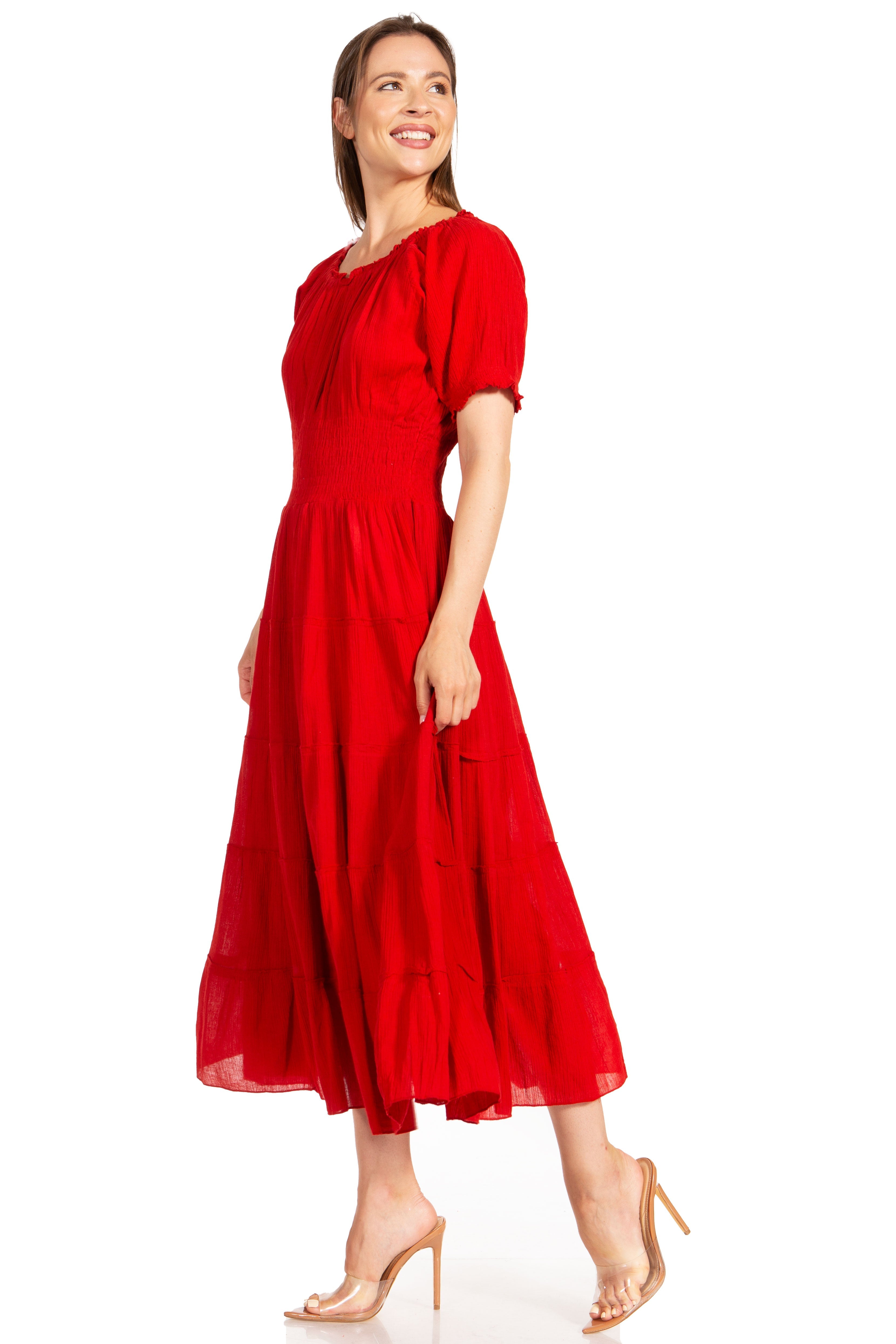 Sakkas - Cotton Crepe Smocked Peasant Gypsy Boho Renaissance Mid Length Dress