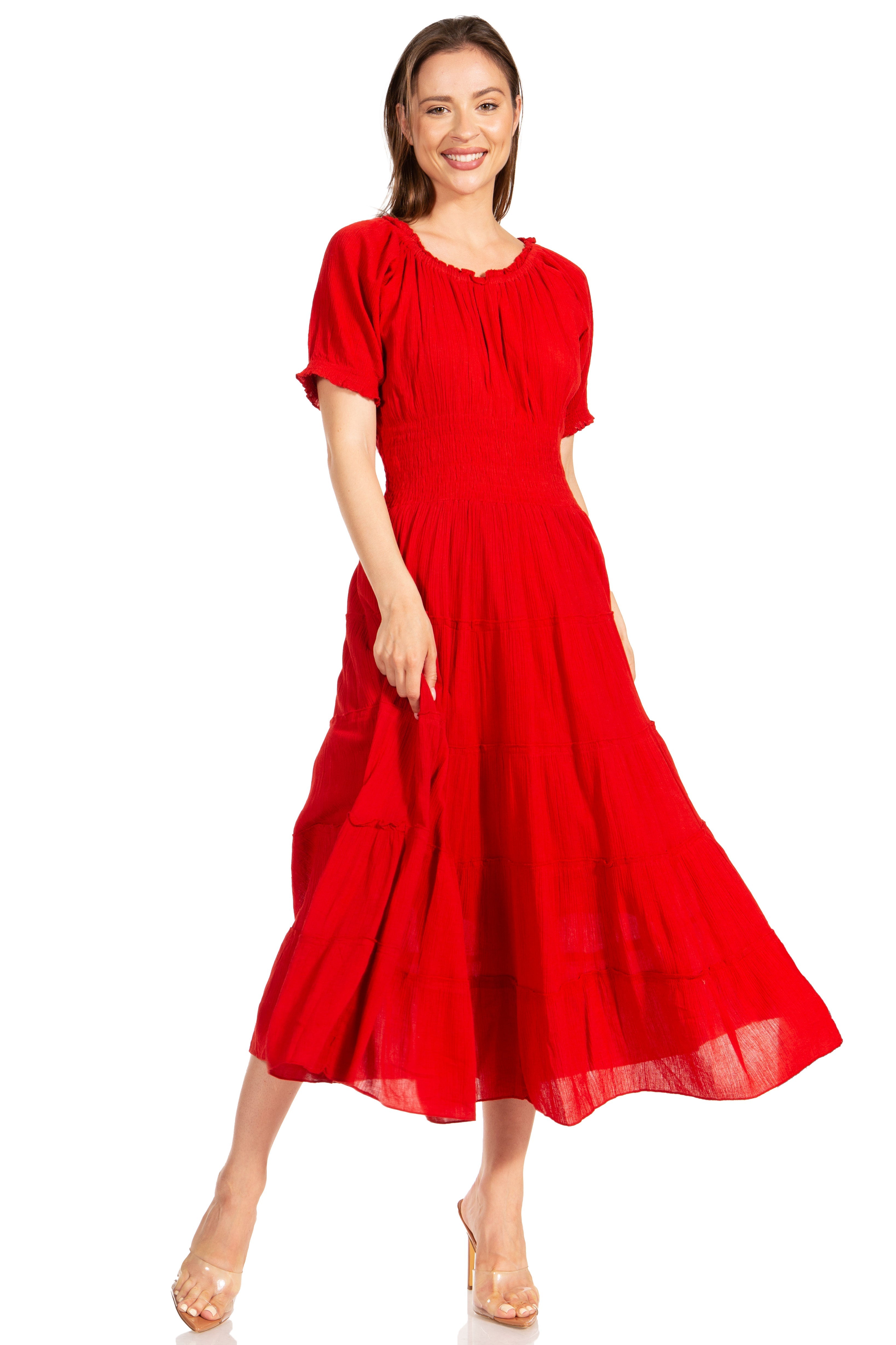 Sakkas - Cotton Crepe Smocked Peasant Gypsy Boho Renaissance Mid Length Dress