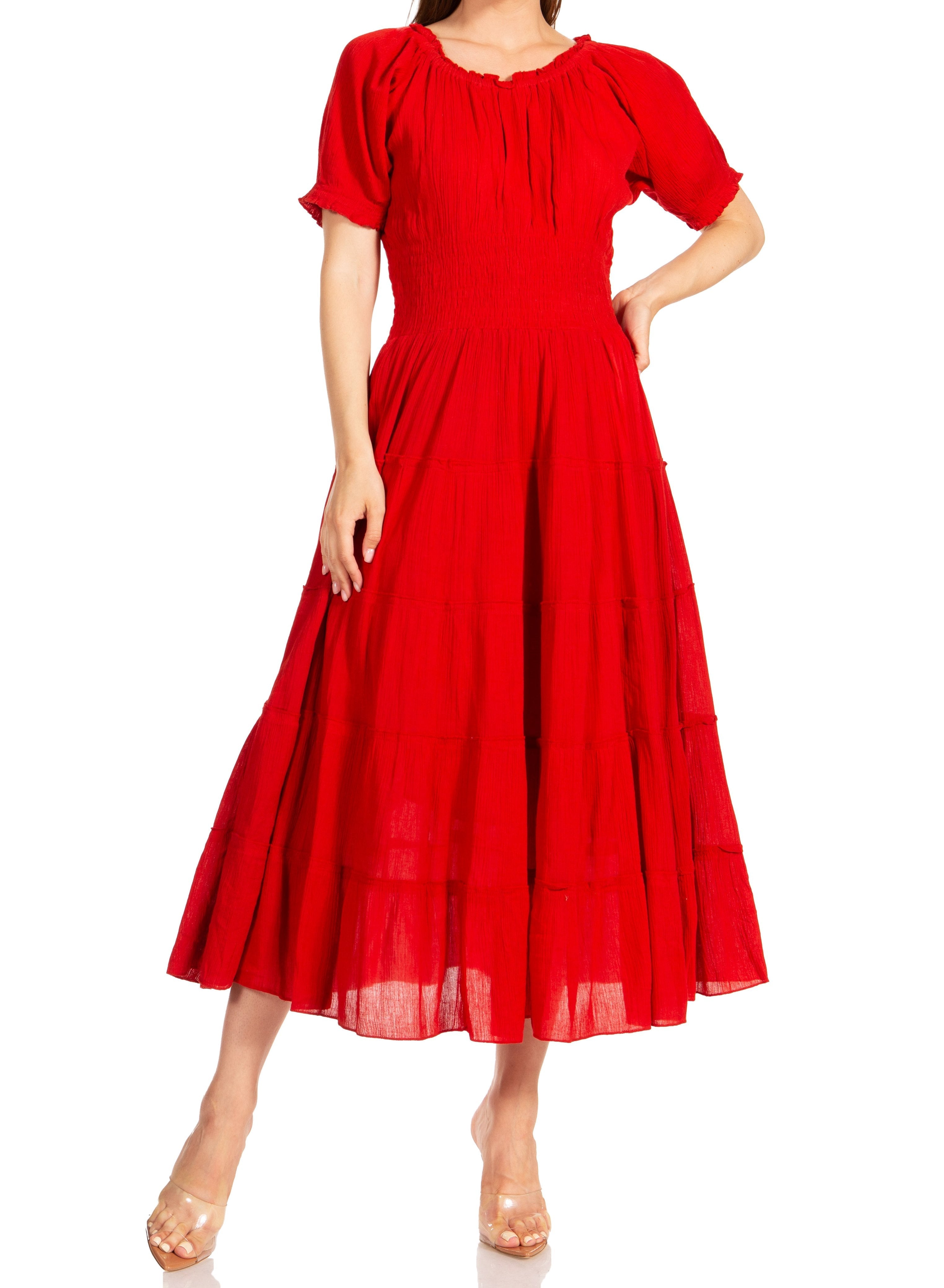 Sakkas - Cotton Crepe Smocked Peasant Gypsy Boho Renaissance Mid Length Dress