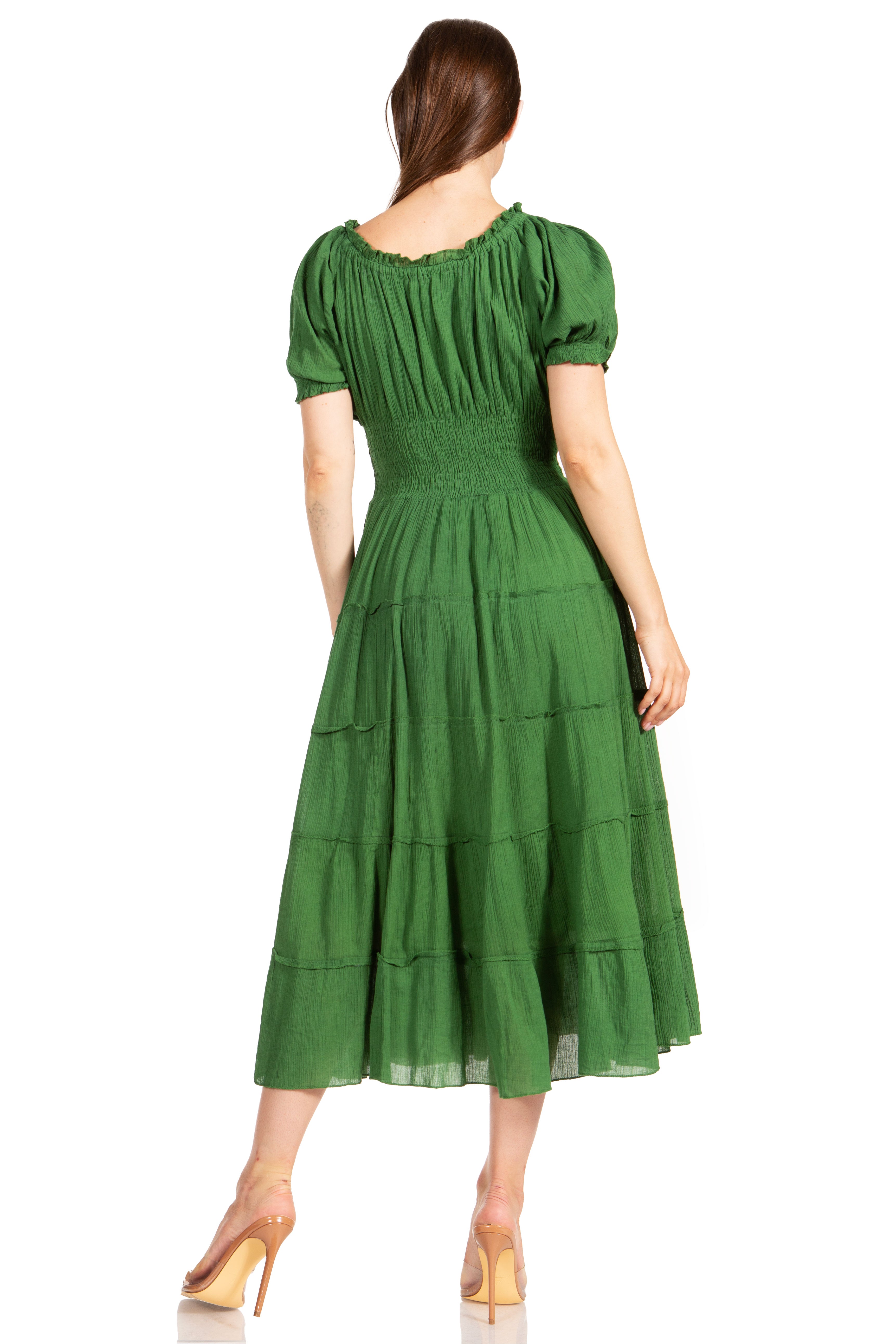 Sakkas - Cotton Crepe Smocked Peasant Gypsy Boho Renaissance Mid Length Dress