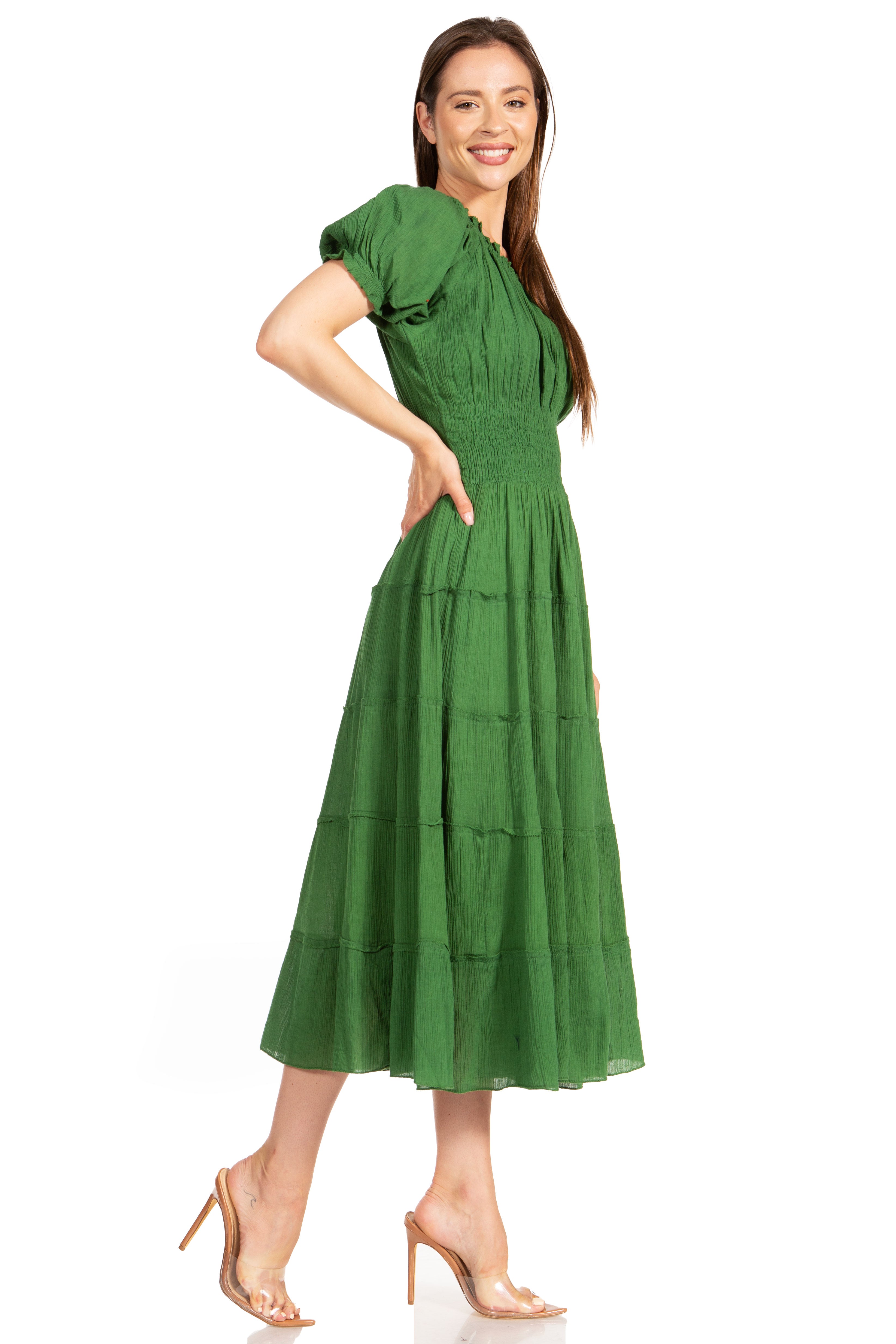 Sakkas - Cotton Crepe Smocked Peasant Gypsy Boho Renaissance Mid Length Dress