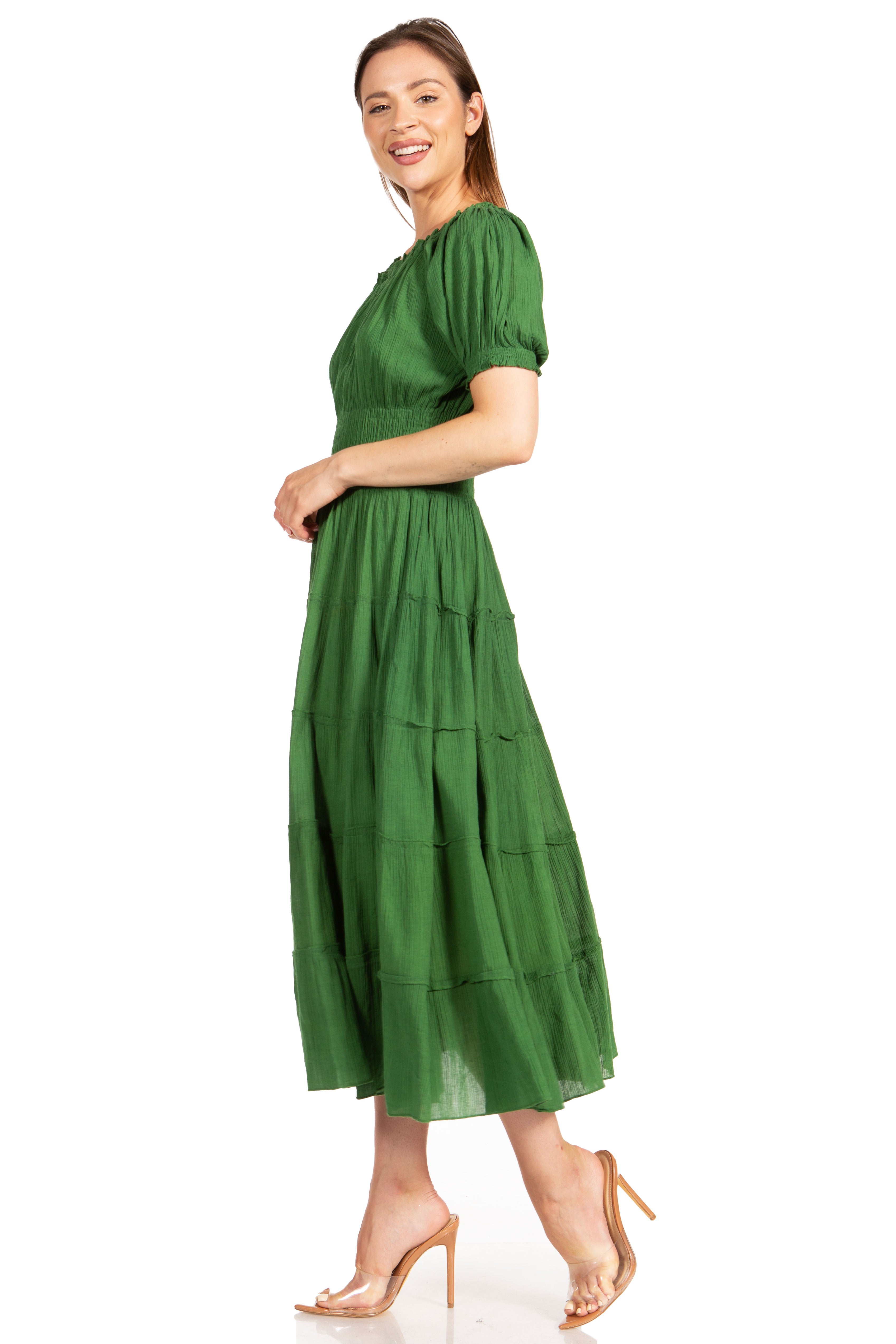 Sakkas - Cotton Crepe Smocked Peasant Gypsy Boho Renaissance Mid Length Dress