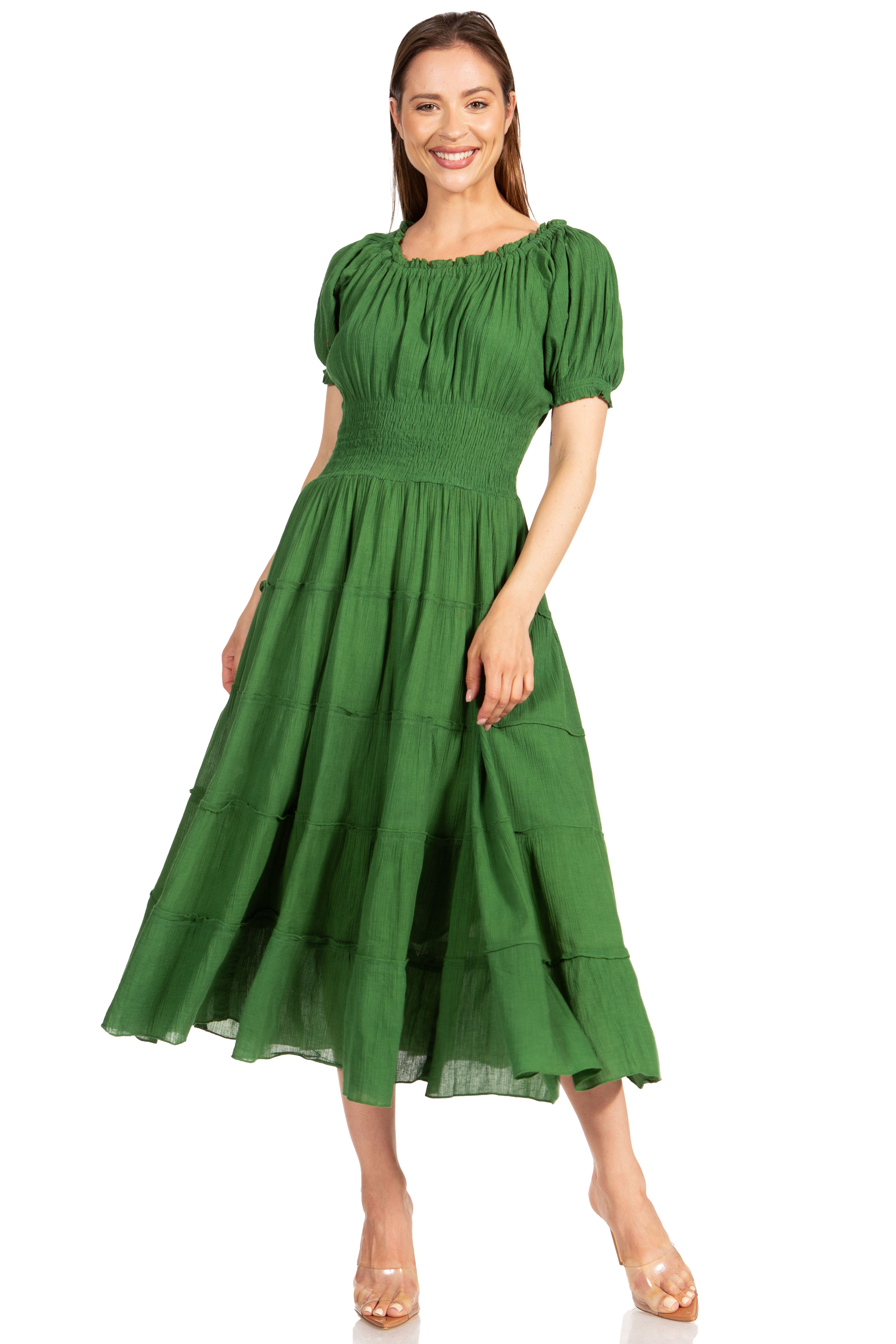 Sakkas - Cotton Crepe Smocked Peasant Gypsy Boho Renaissance Mid Length Dress