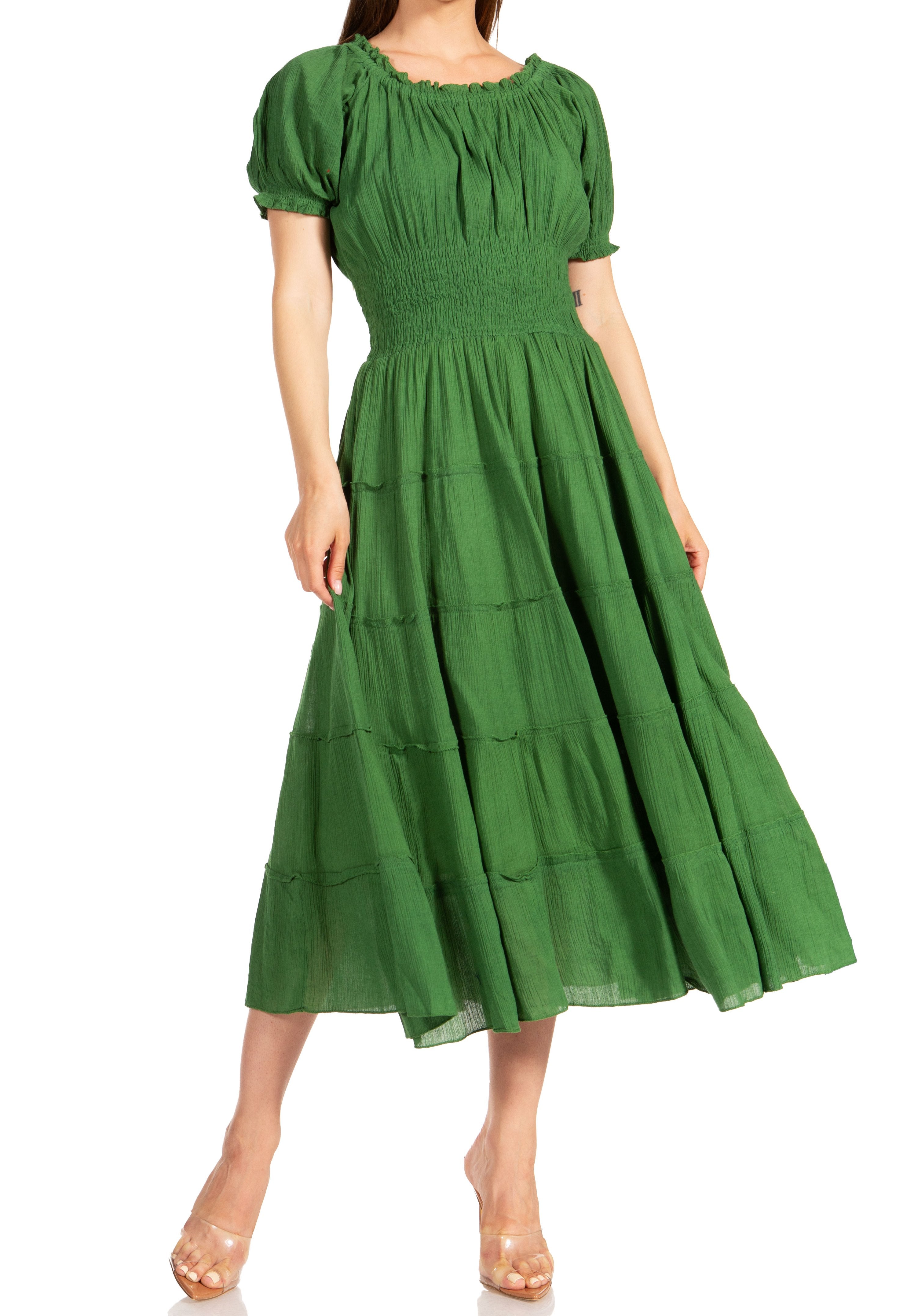 Sakkas - Cotton Crepe Smocked Peasant Gypsy Boho Renaissance Mid Length Dress
