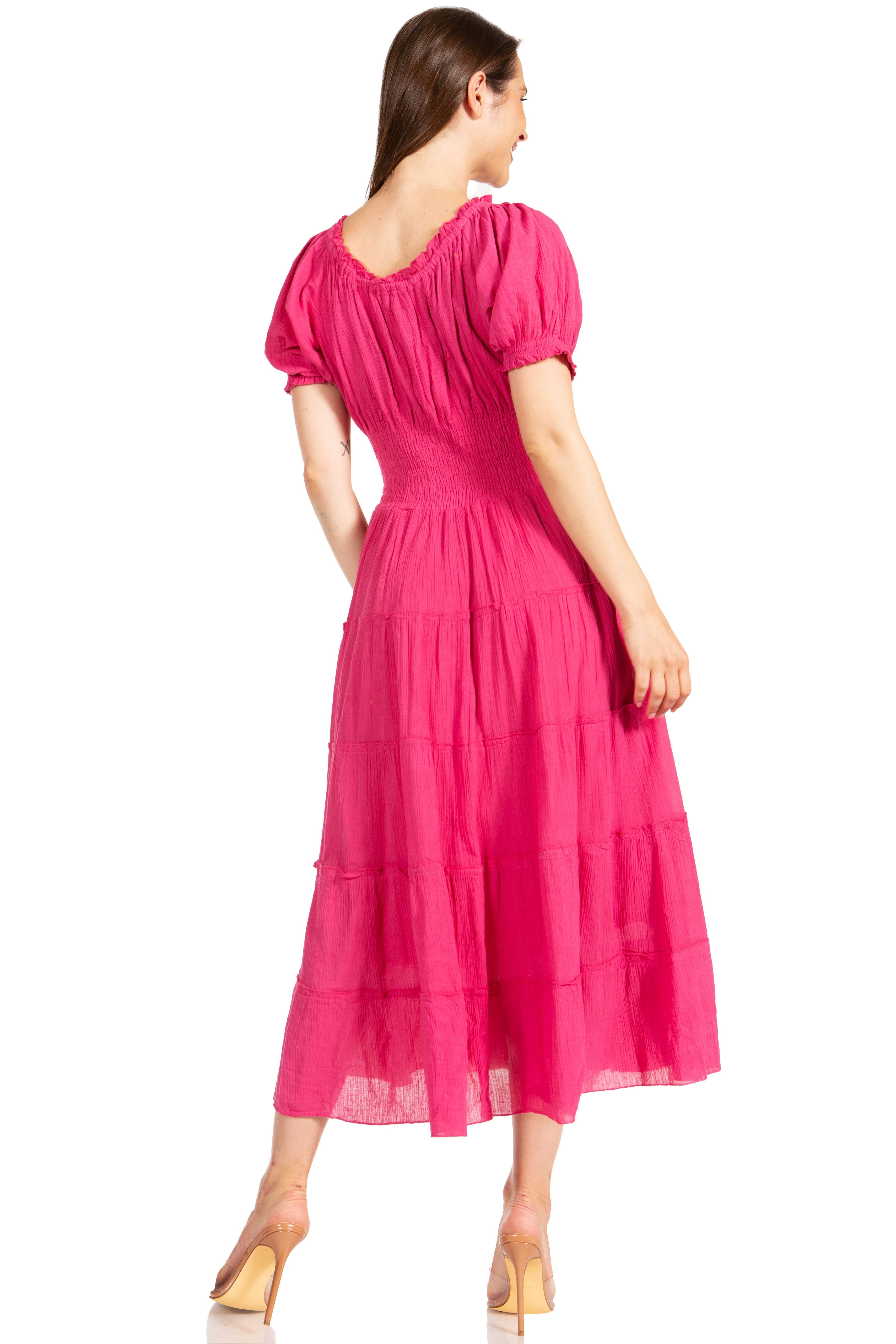 Sakkas - Cotton Crepe Smocked Peasant Gypsy Boho Renaissance Mid Length Dress