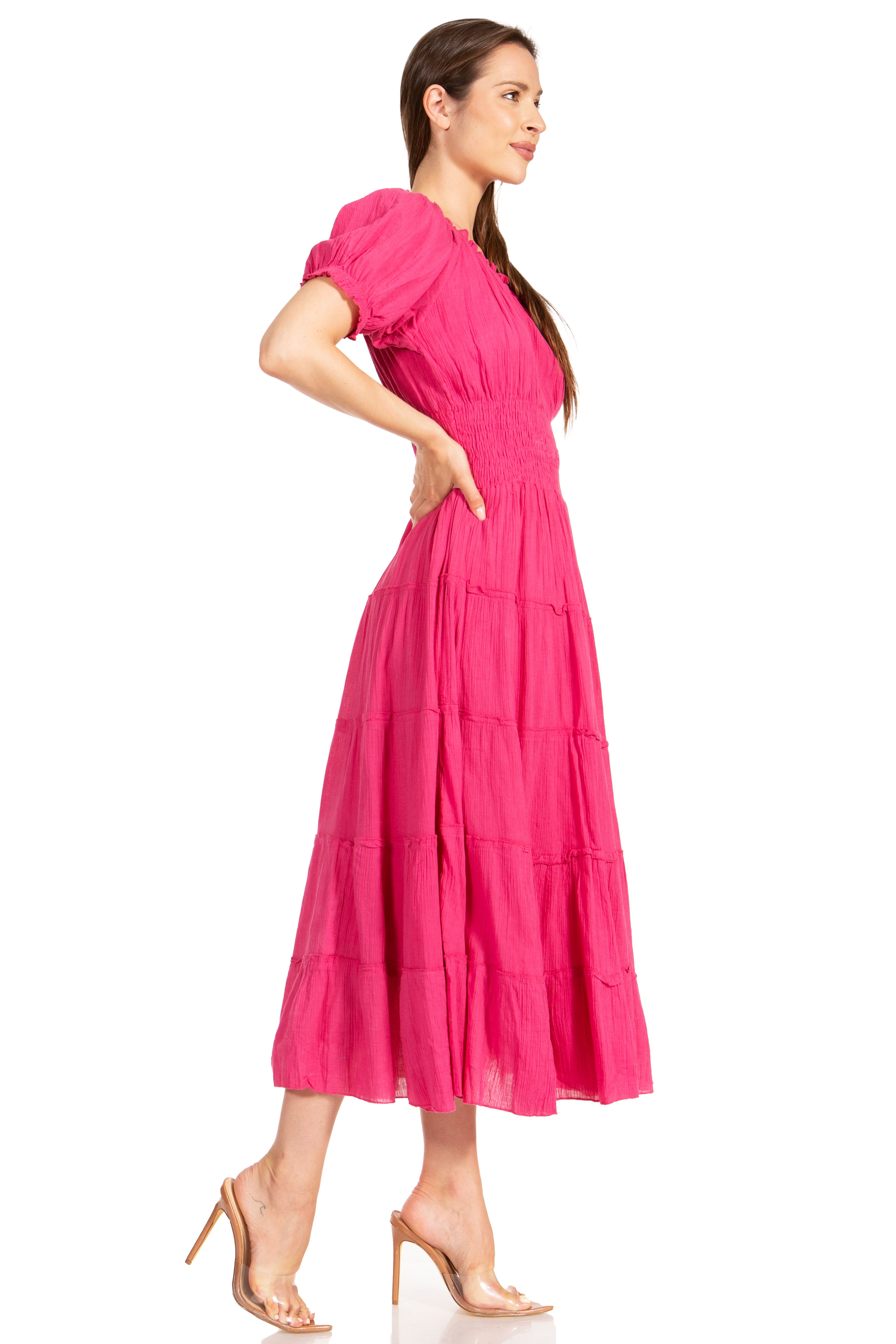 Sakkas - Cotton Crepe Smocked Peasant Gypsy Boho Renaissance Mid Length Dress