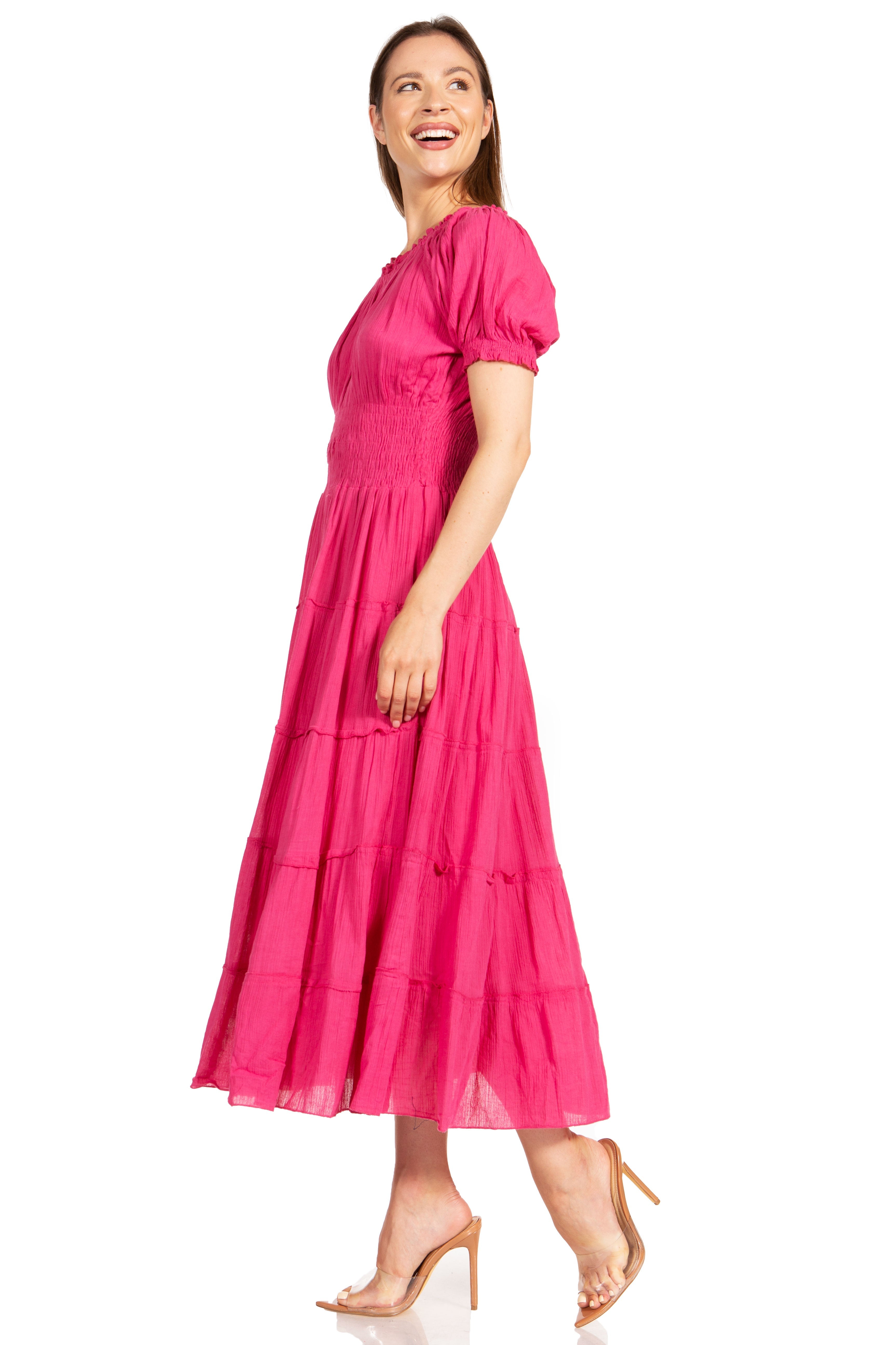 Sakkas - Cotton Crepe Smocked Peasant Gypsy Boho Renaissance Mid Length Dress