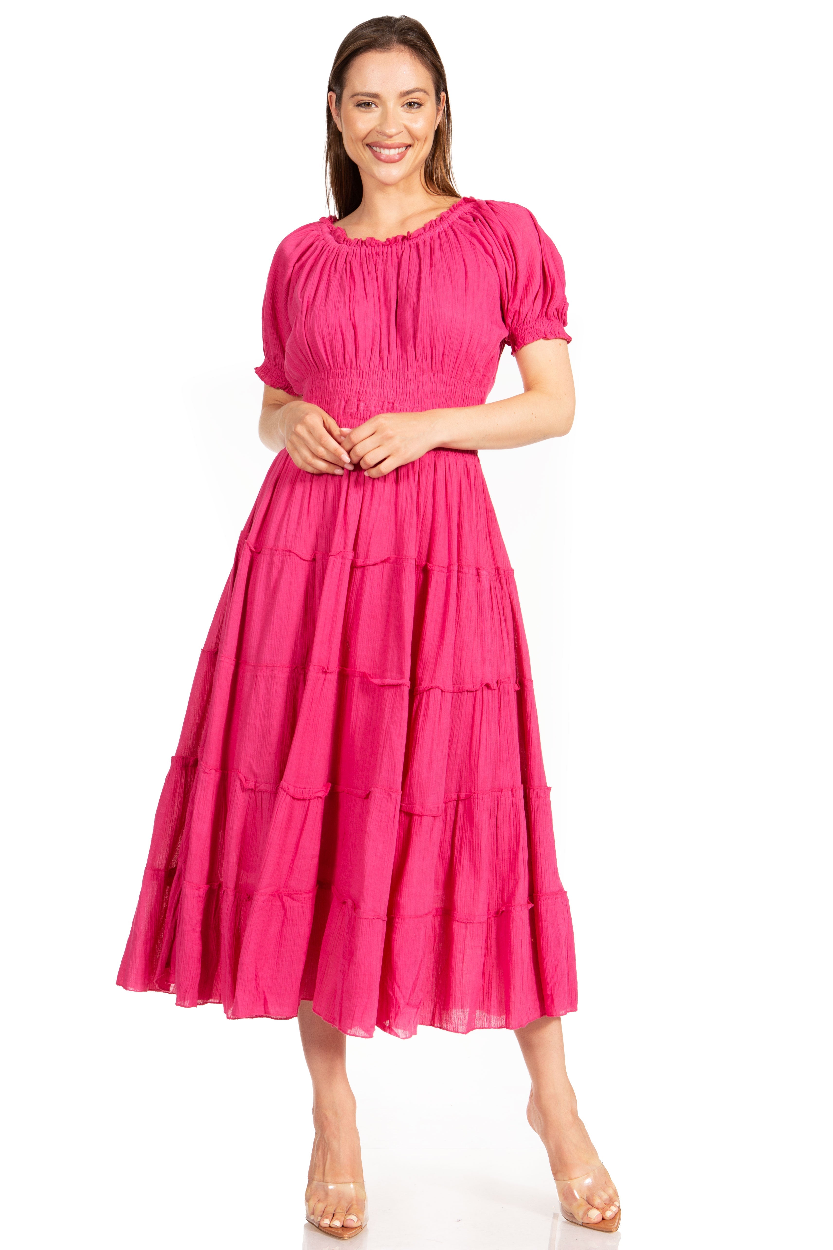Sakkas - Cotton Crepe Smocked Peasant Gypsy Boho Renaissance Mid Length Dress