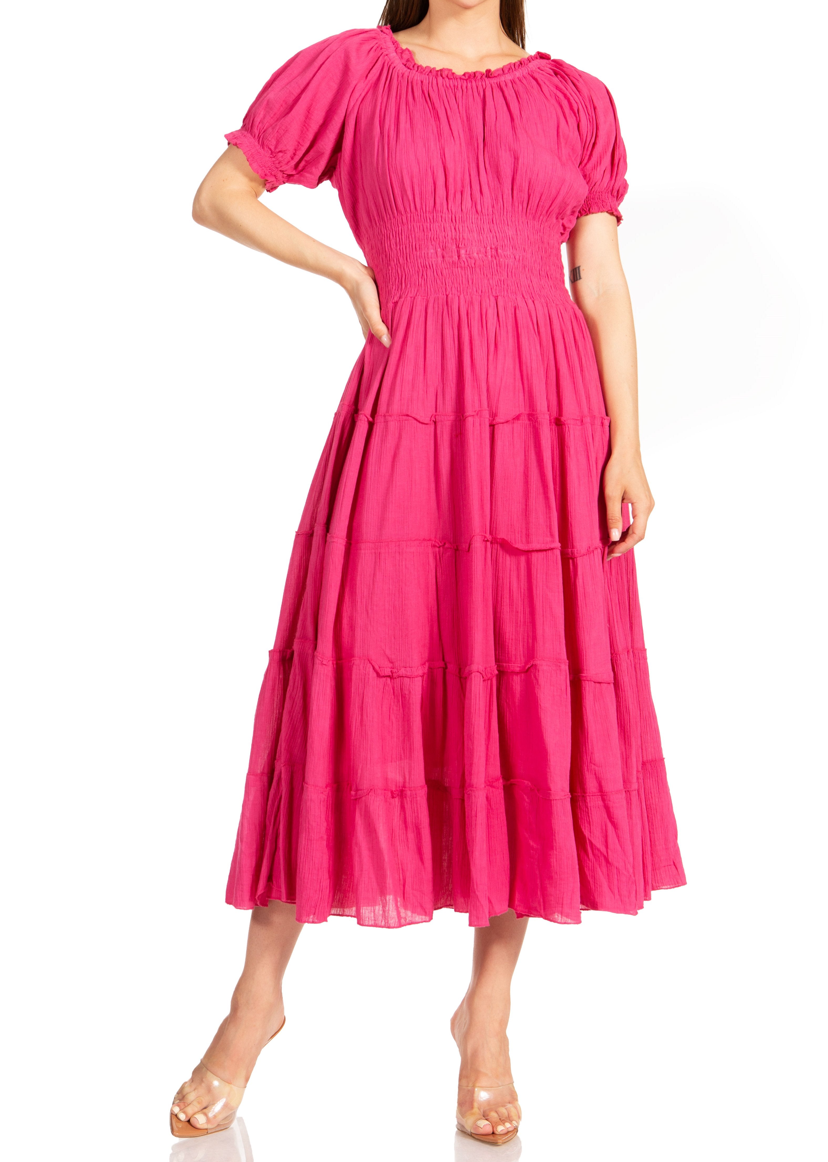 Sakkas - Cotton Crepe Smocked Peasant Gypsy Boho Renaissance Mid Length Dress